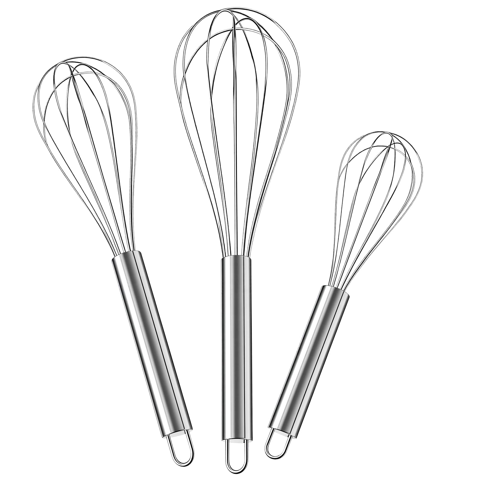 Whisk Set of 3 Stainless Steel, 8/10/12 Inch Manual Egg Beater Mixer Balloon, Kitchen Hand Whisk for Egg, Cream, Pancake Batter, Sauce Mixing & Baking Cooking