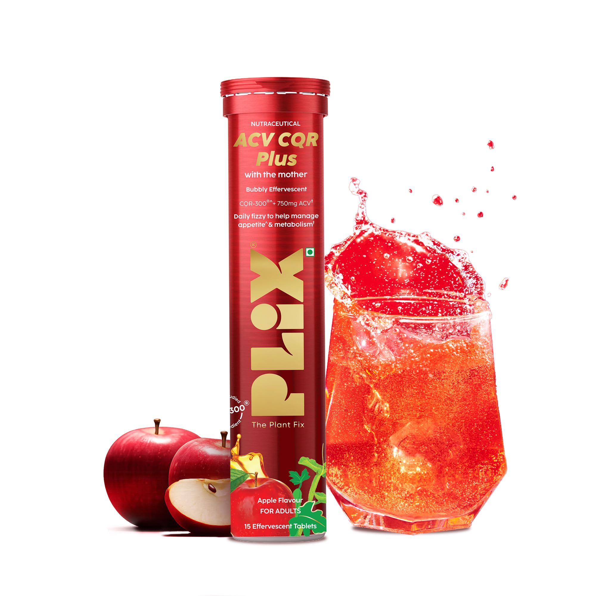 PLIX ACV CQR Plus Effervescent | Clinically Studied CQR-300® & Apple Cider Vinegar | Supports Fat Reduction, Waist & Hip Slimming, Metabolism & Appetite Control | 30 Effervescent Tablets