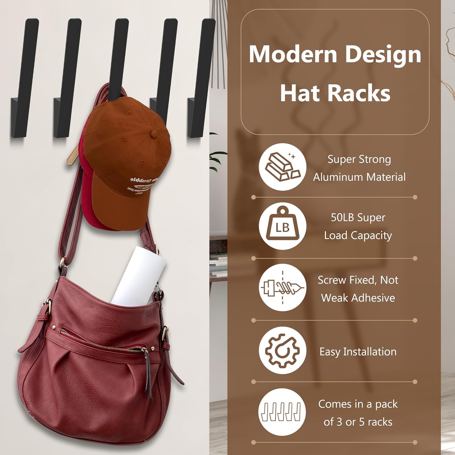 Kssvzz 5 Pack Metal Hat Racks for Baseball Caps - Wall Holder, Storage Organizer for Ball Caps, Heavy Duty Hangers With Strong Adhesive/Wall Drilled for Closet, Bedroom, Door, Home (Black)