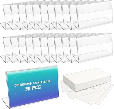 30 Pack Mini Clear Sign Display Holder with Blank Labels,3.5*2.4 Inch Horizontal Slanted L-Shape Plastic Name Card Price Card Tag Label Counter Top Stand