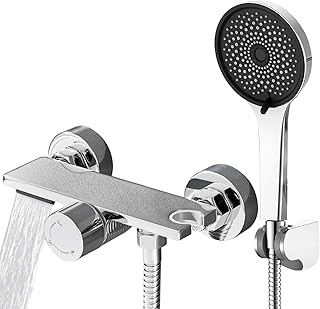 Auralum Badewannenarmatur mit Handbrause, Badewannenarmaturen Wasserfall mit Duschkopf, 1.5m Edelstahl Schlauch und Wand Halterung, Messing Duscharmatur mit Ablage und Duschbrause für Bad, Chrom