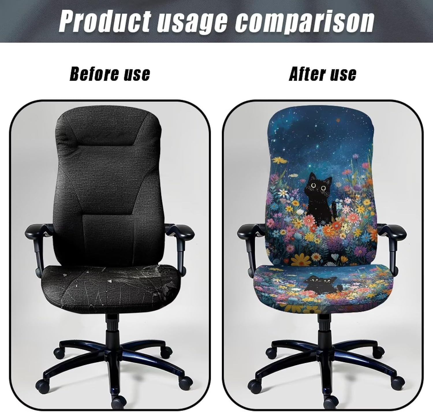 Xoenoiee Black Cat Colorful Daisy Pattern Office Chair Covers Stretchable Computer Gaming Chair Cover, Starry Night Print Universal Rotating Chair Slipcover with Button, Large