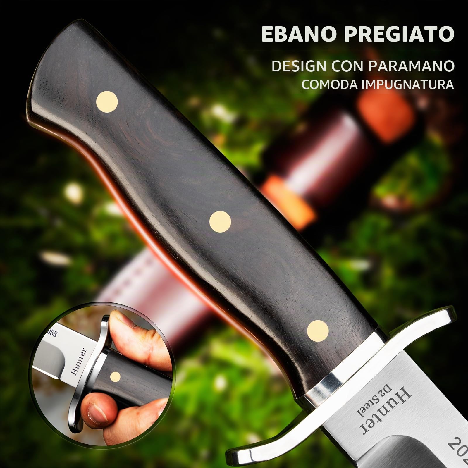 NedFoss HUNTER coltello da caccia, 11,4 cm, in acciaio D2, 42a, elegante manico in legno, affilato per esterni con fondina, coltello bowie, in confezione regalo per bushcraft
