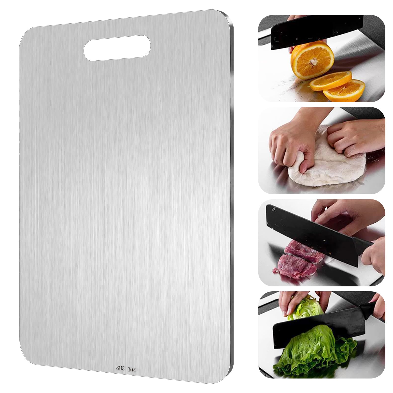 Stainless Steel Chopping Board 39 x 28 cm Metal Double-Sided Chopping Board 304 Stainless Steel Board with Handle for Meat, Vegetables and Fruit