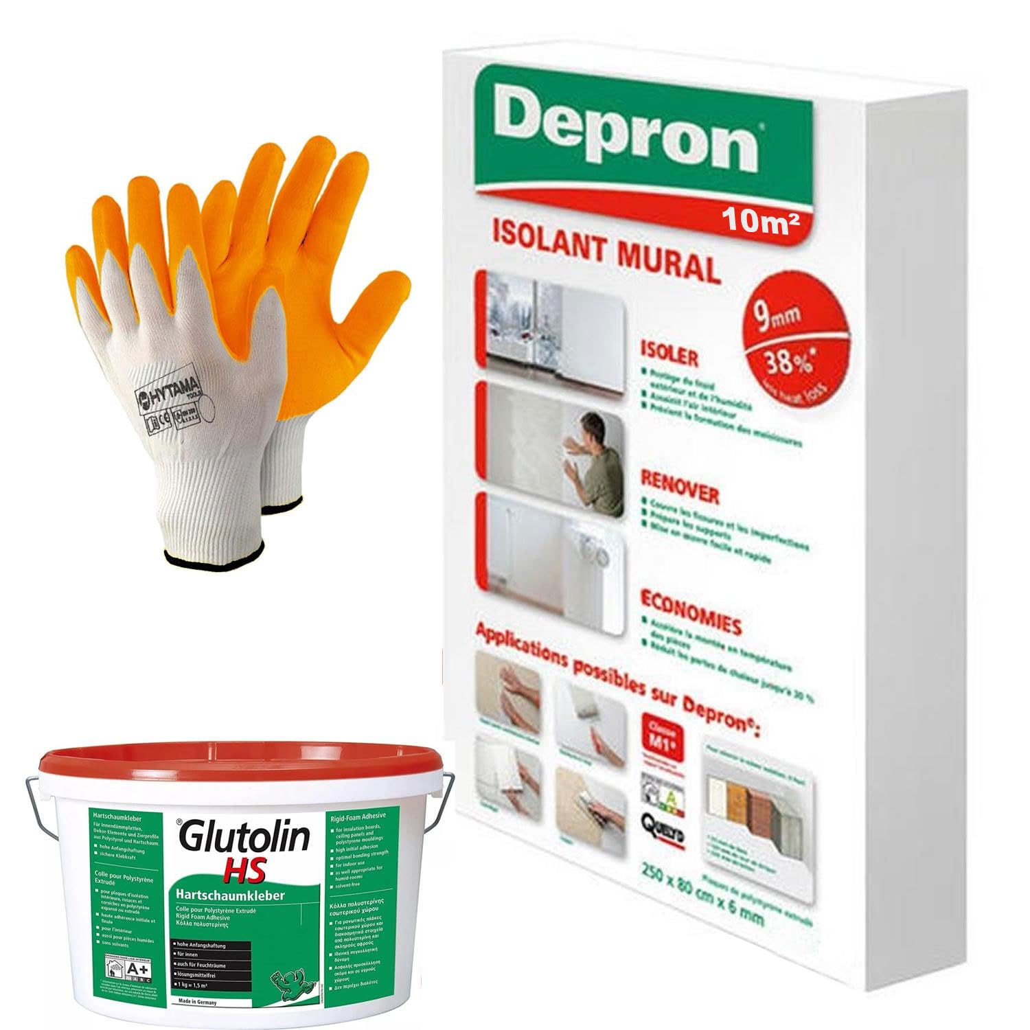 DEPRON Pannelli Isolanti 9 mm (125×80 cm) – Confezione 10 m² + Colla Glutolin 8 kg | Isolamento Termico e Acustico per Pareti e Soffitti | 1 paio di guanti in nitrile HYTAMA TOOLS