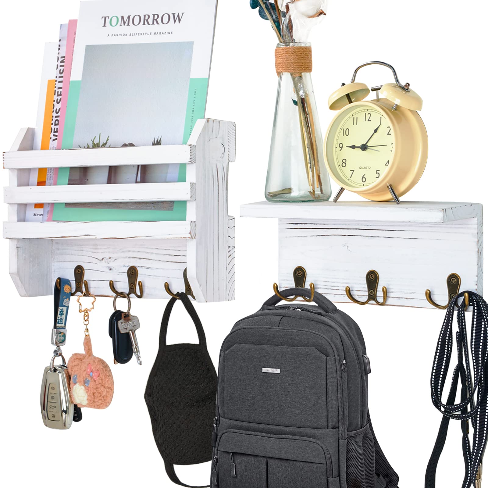 Fine Living Key Holder for Wall Decorative, 2 Pcs Wood Key Mail Holer with 6 Vintage Key Hooks, 2-in-1 Rustic Key Rack for Dog Leash, Mail Organizer with Shelf for Entryway Office