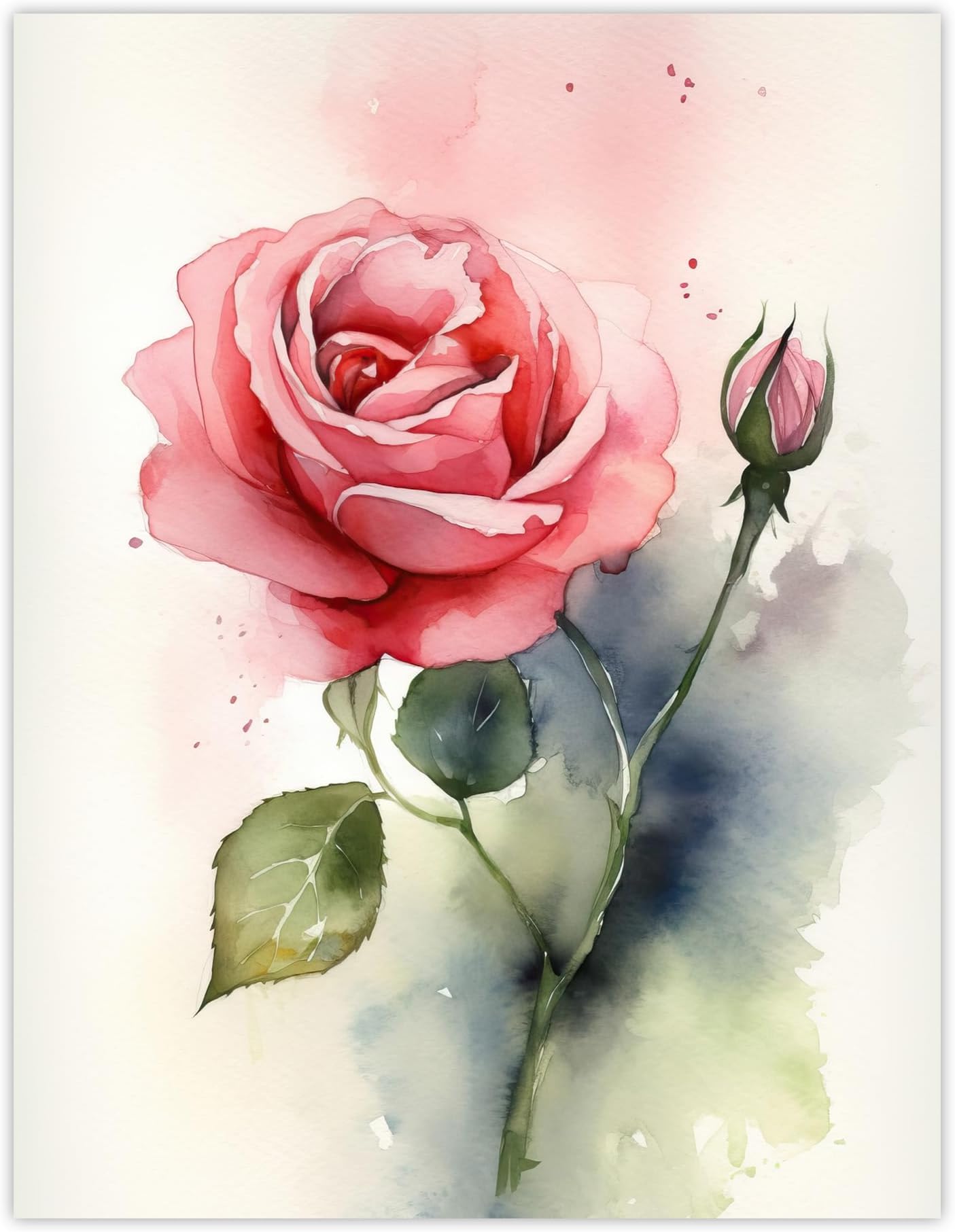 Artery8Rose Bloom Flower Soft Watercolour Painting Green Pink Single Bloom With Bud Elegant Spring Romance Nature Colourful Bright Floral Modern Artwork Unframed Wall Art Print Poster Home Décor