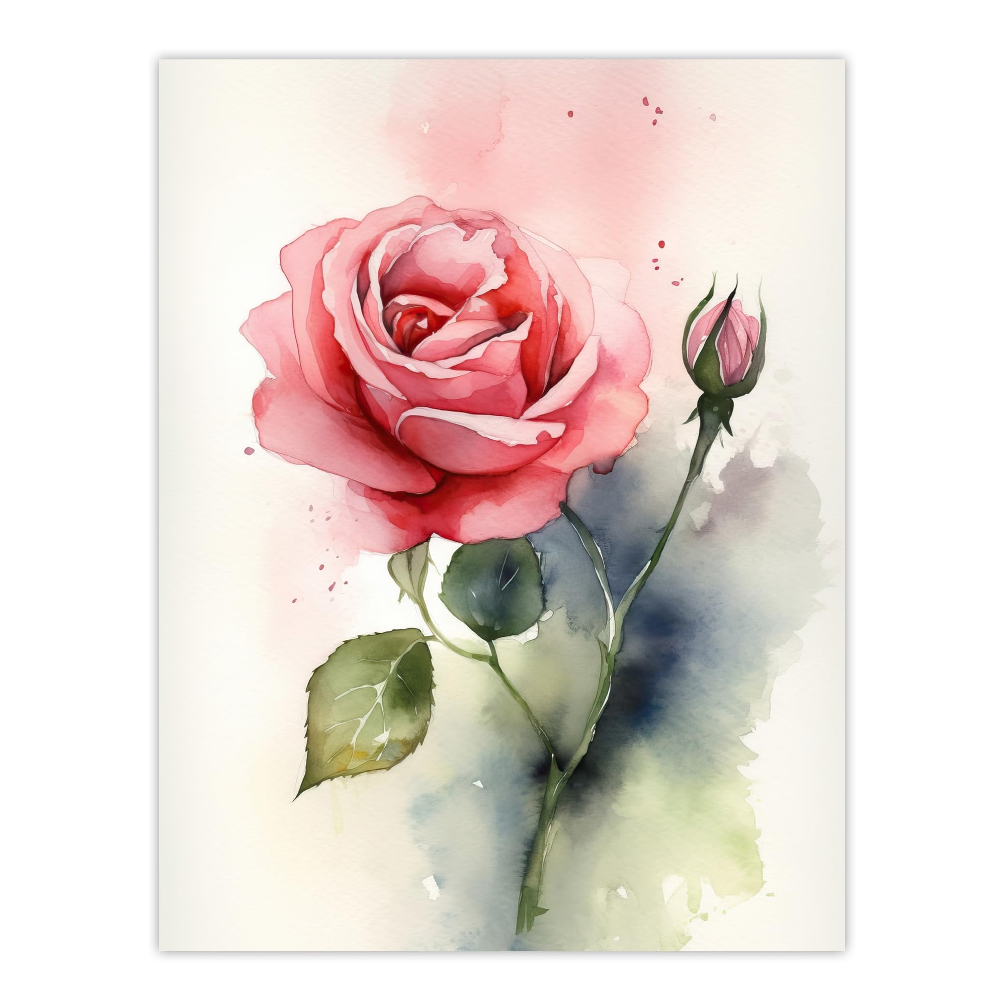 Artery8Rose Bloom Flower Soft Watercolour Painting Green Pink Single Bloom With Bud Elegant Spring Romance Nature Colourful Bright Floral Modern Artwork Unframed Wall Art Print Poster Home Décor