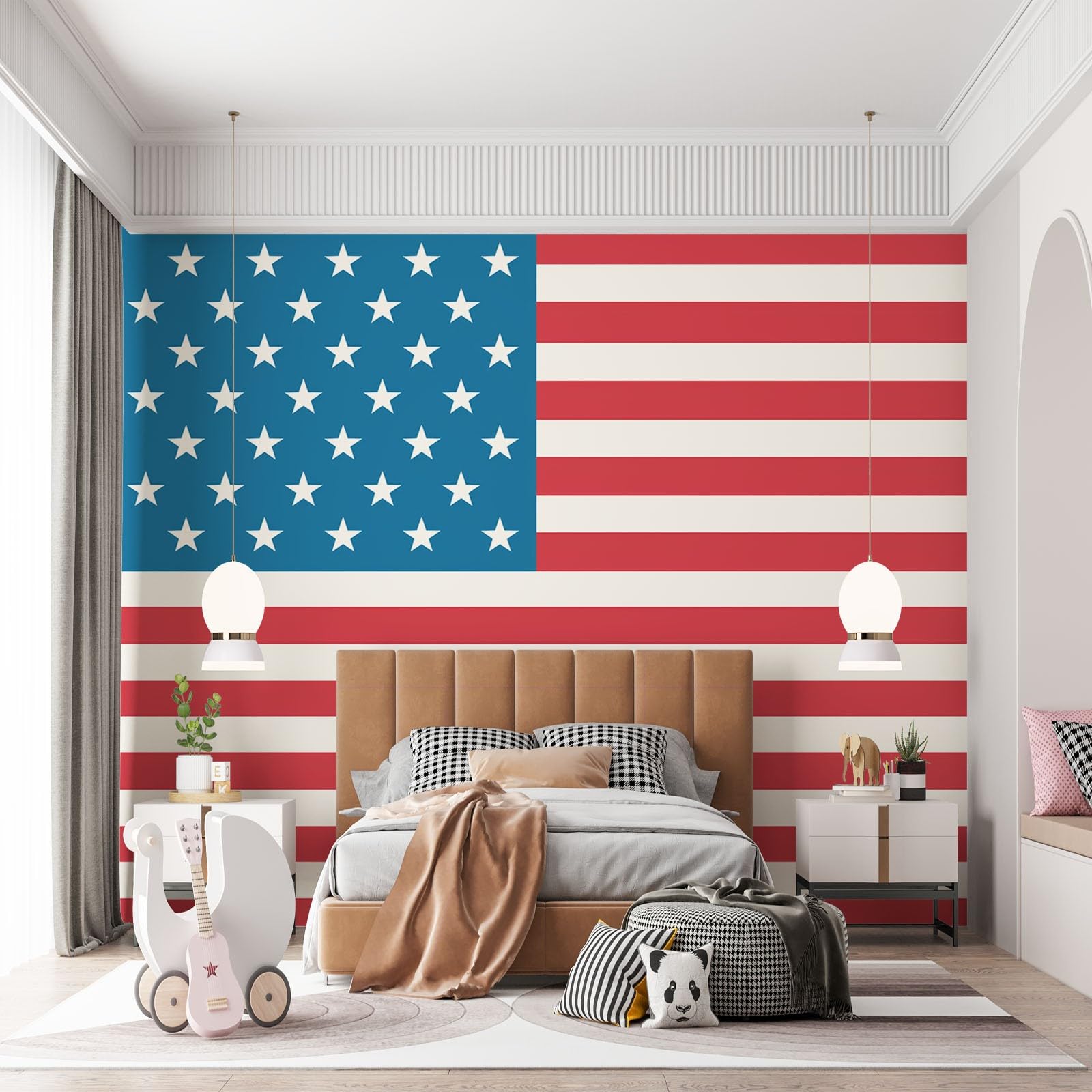 Nowoczesny minimalistyczny styl amerykańska flaga mural, wielokolorowa tapeta mural na ścianę akcentującą do sypialni salonu lub przedpokoju, panoramiczna tapeta plakatowa 250 x 175 cm (szer. x wys.)