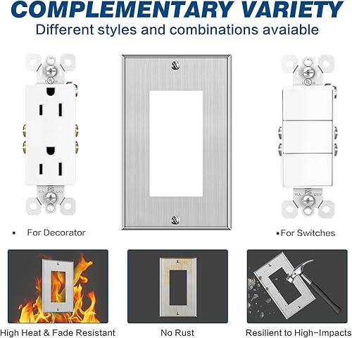 Miniatura 4 de BKDEORS Placa de pared metálica para receptáculo decorativo de 1 banda, cubierta de salida de interruptor de acero inoxidable, tamaño 4.50 x 2.70