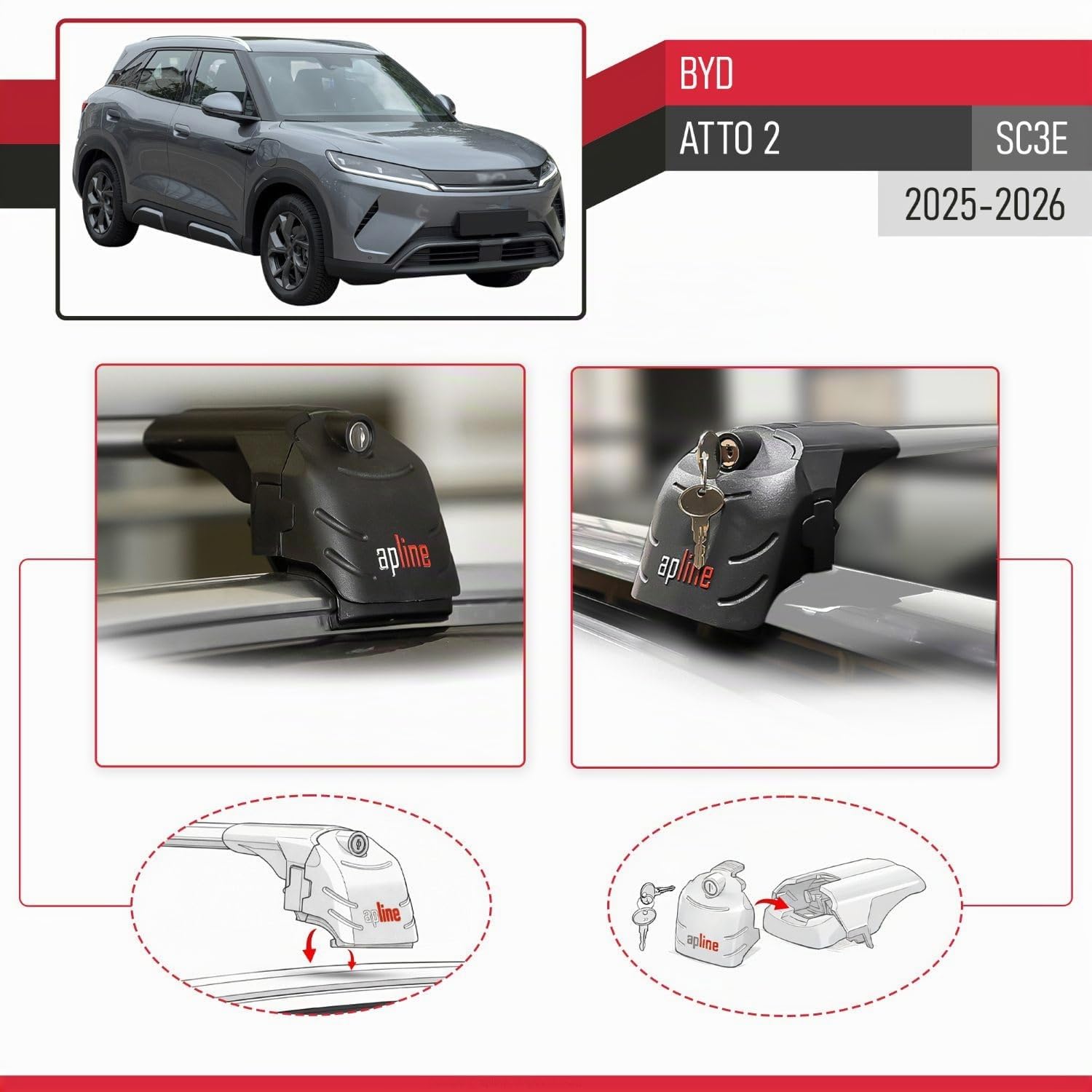Compatibile con BYD Atto 2 (SC3E) 2025-2026 Modello ACE-2 Barre Tetto Portapacchi Auto Barre Portatutto Grigio Alluminio 2 Barre