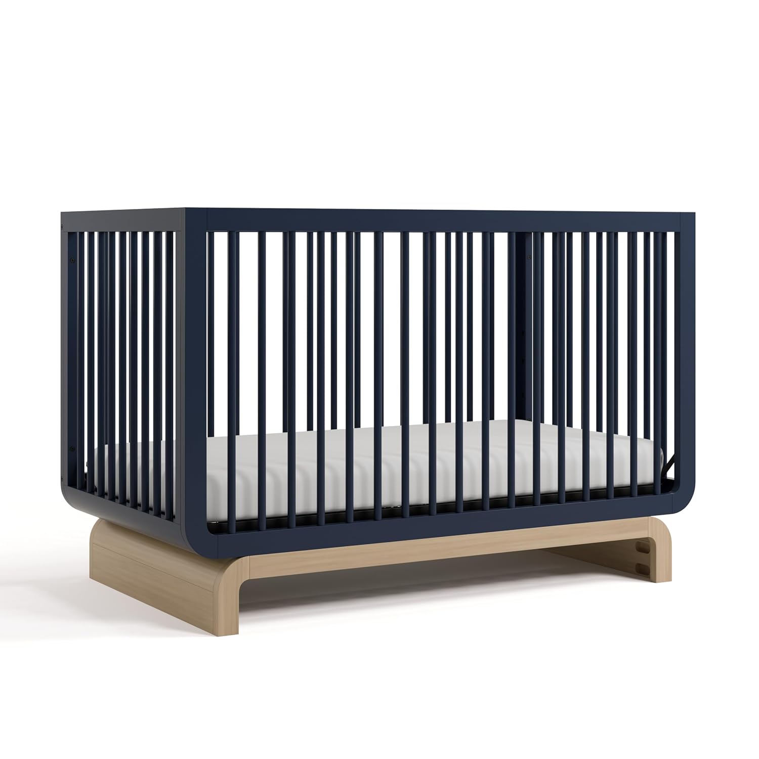 STORKCRAFT Santorini Convertible Crib with Toddler Guardrail (Midnight Blue & Driftwood)  GREENGUARD Gold Certified, Toddler Bed Conversion Kit Included, 100% Solid Wood, Fits Standard Crib Mattress