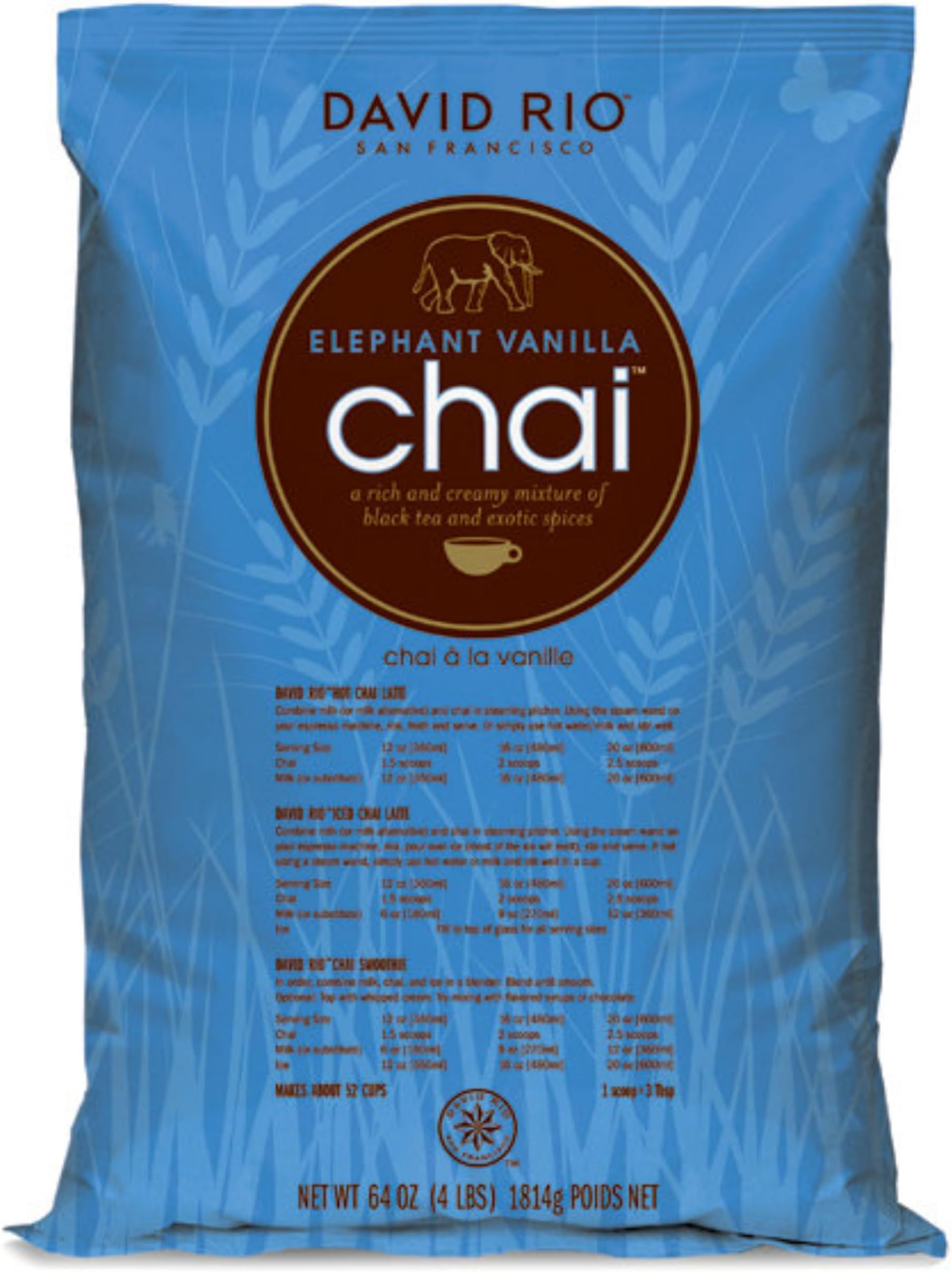 Elephant Vanilla Chai Tea Latte Mix, 64 Oz, Black Tea, Organic Spices, Dairy Free, Serve Hot or Cold, Just Add Water or Milk, 64 Servings, Perfect for Food Service