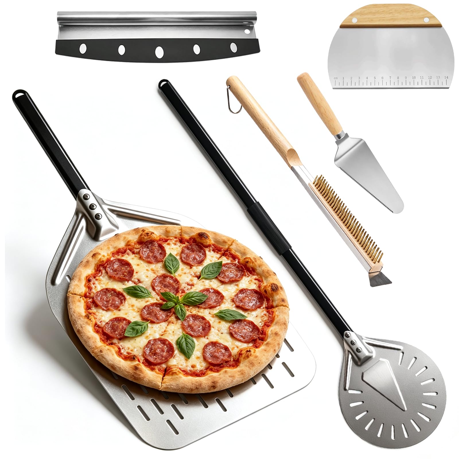 6tlg Pizza Schieber Set, Pizzaofen Zubehör mit 12 Zoll Pizzaschieber perforiert & 9 Zoll Pizzawender rund, Pizzaschaufel, Pizzaofen Bürste, Pizzaschneider & Teigschaber