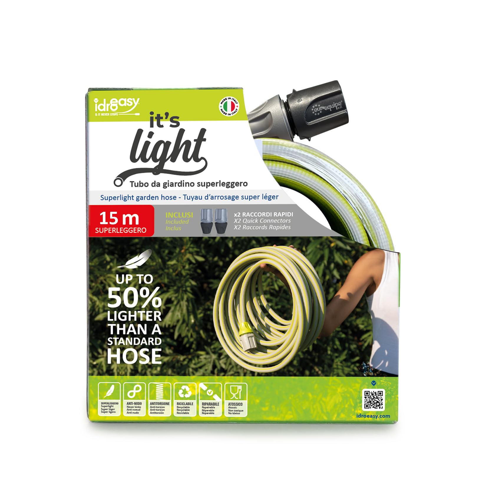 Tubo Irrigazione 15 Metri 1/2" Superleggero Anti-Nodo Flessibile con Doccetta e Raccordi Made in Italy