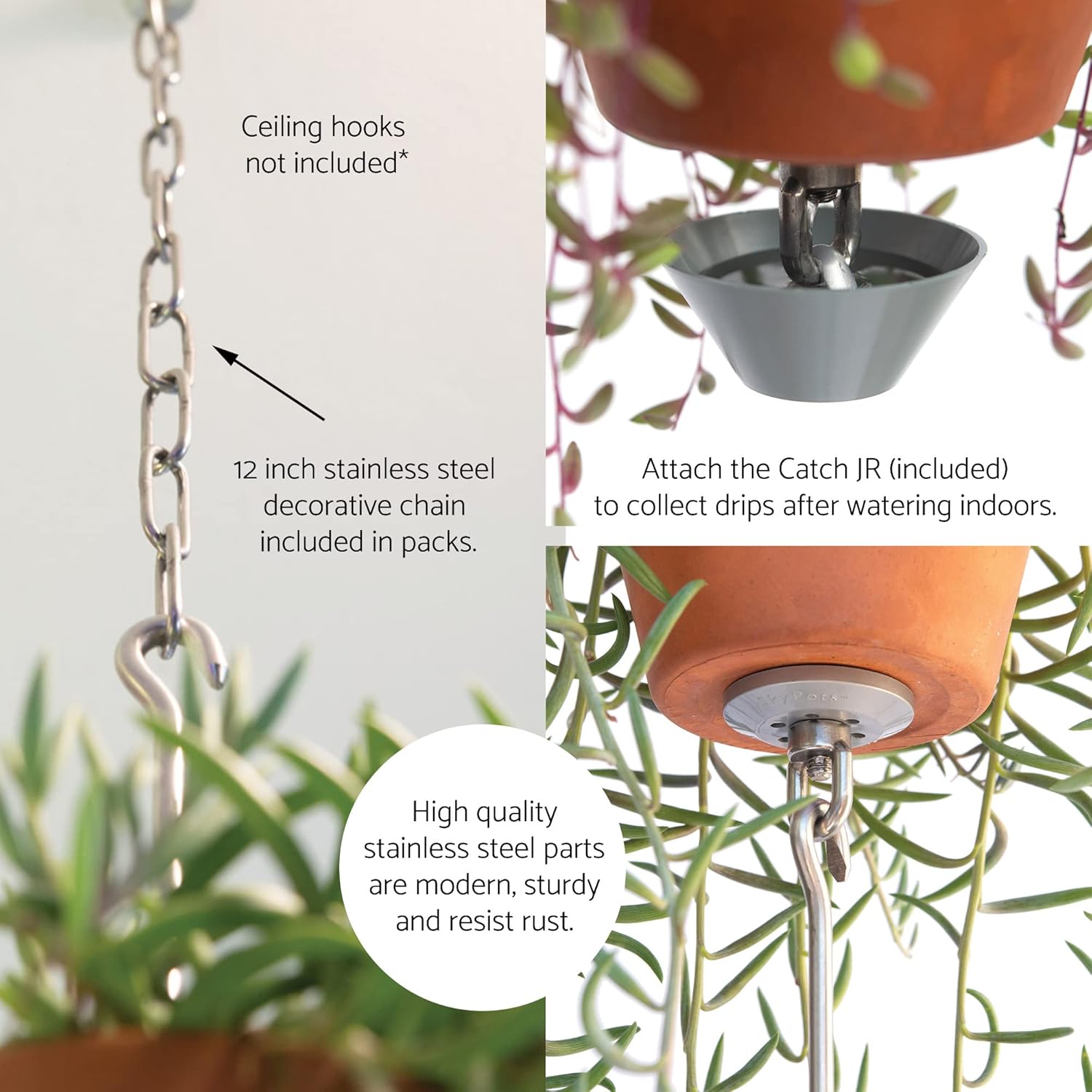 — Three Pack, Pot Hanger Kits + Accessories - Hang and Connect Your Clay Pots, Stainless Steel - Indoor Outdoor - Connectable Hanging Planter Vertical Garden w/Drainage for Healthy Plants