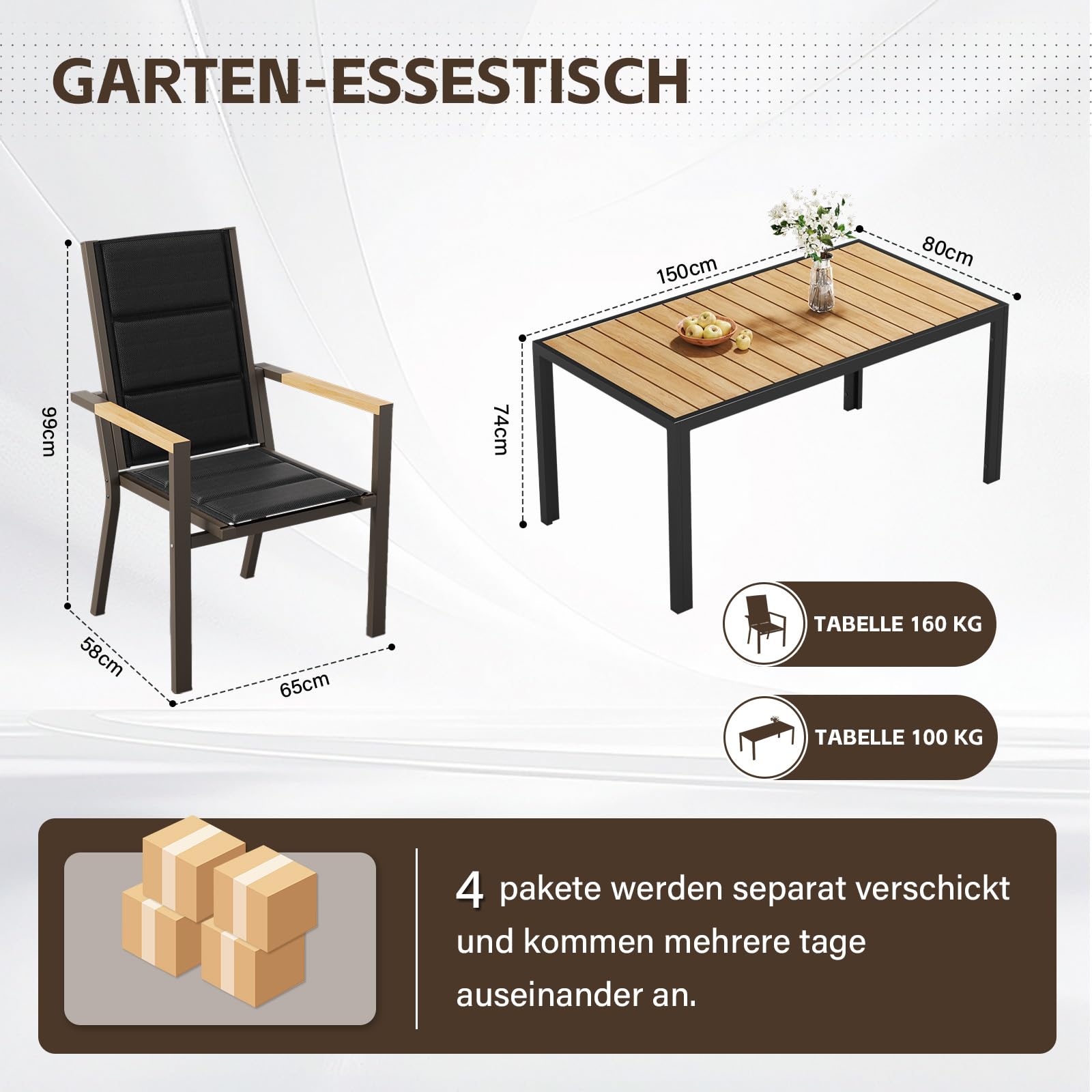 TRIUMPHKEY Gartenmöbel Set 6 Personen, Balkonmöbel mit Aluminium, 6 Stapelstühle mit Holzmaserung und 1 189cm PS Gartentisch, Terassenmöbel Außen, Braun