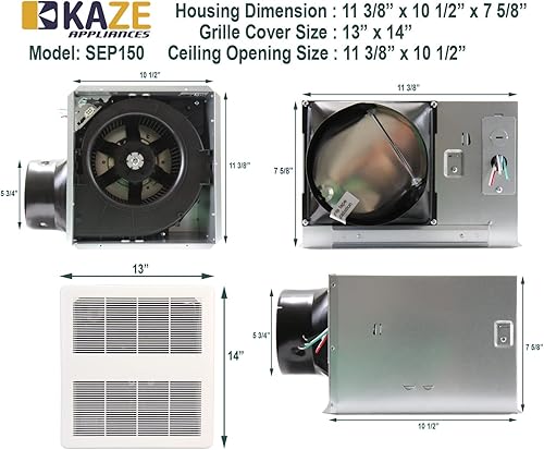 Miniatura 4 de KAZE APPLIANCE SEP150 - Ventilador de ventilación de escape de baño ultra silencioso (150 CFM, 0.5 Sone)