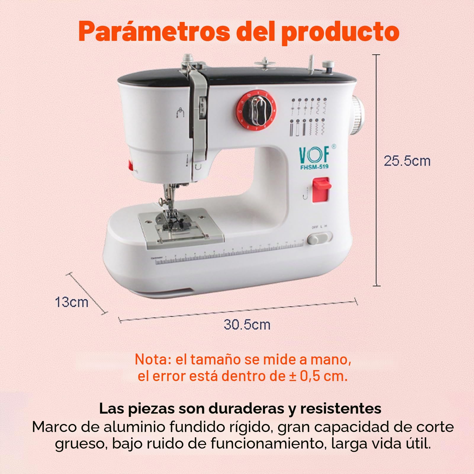 Máquina de coser FLSM-519, máquina de coser eléctrica para principiantes y niños, 12 puntadas, brazo libre, luz de costura y pedal eléctrico, enchufe UE