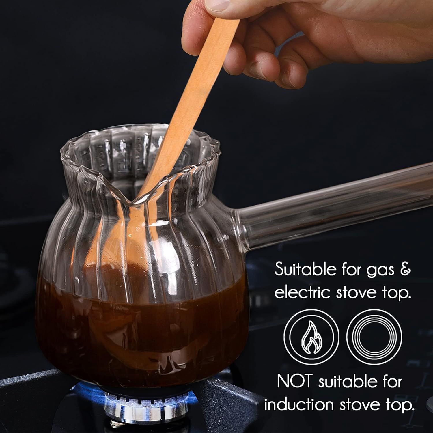 Turkish Coffee Pot Borosilicate Glass, Stovetop Tea Maker, Jazzva Cezve Briki, Healthy and Extremely Heat Resistant Milk Warmer, Hot Chocolate Maker, Butter Melting Pot (Streaked 15 oz): Home & Kitchen