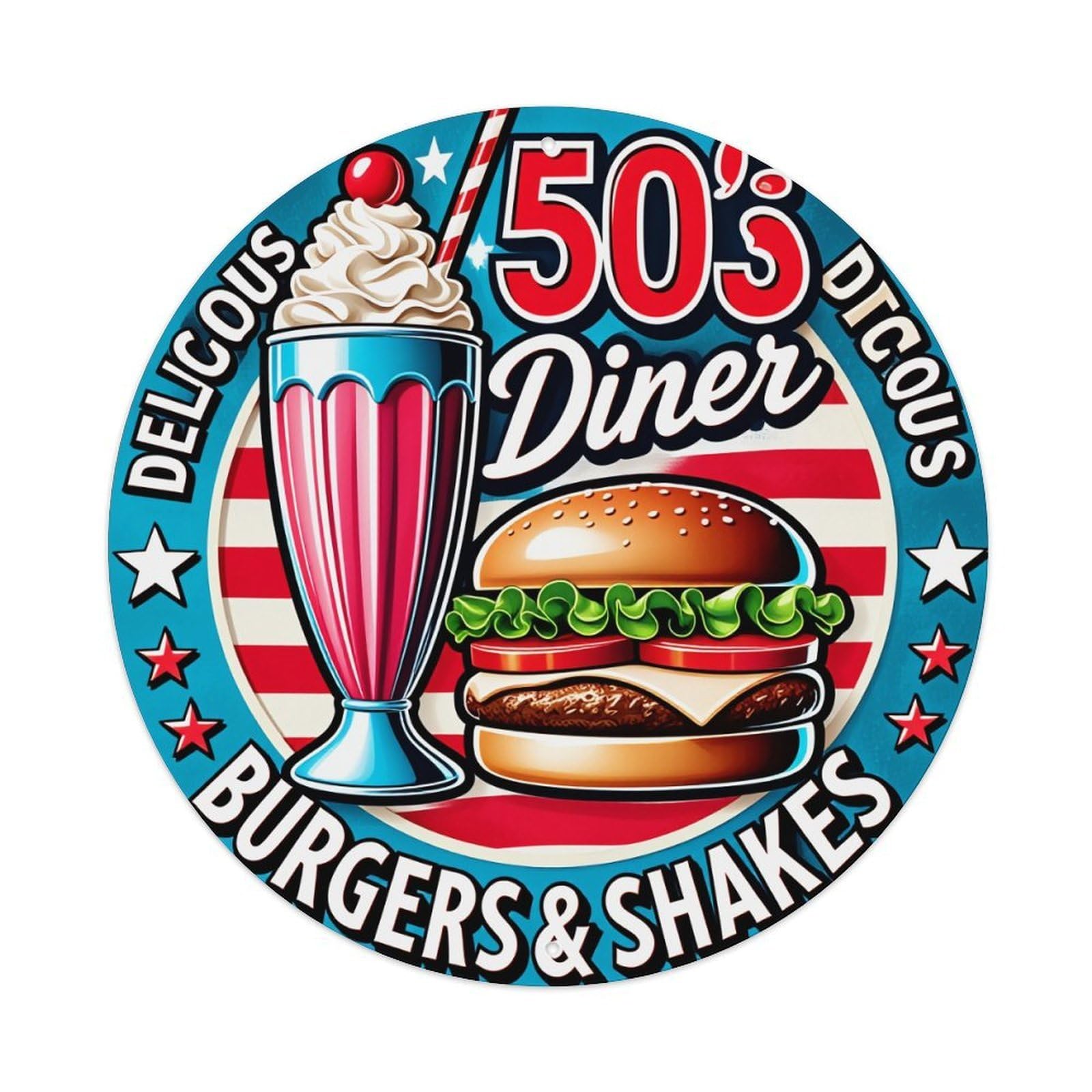 Retro Diner Burger Shake Stars Round Tin Sign Retro Metal Sign for Cafe Bar Pub Home Game Room Gym Club Wall Decoration Vintage Metal Poster 8x8 Inch