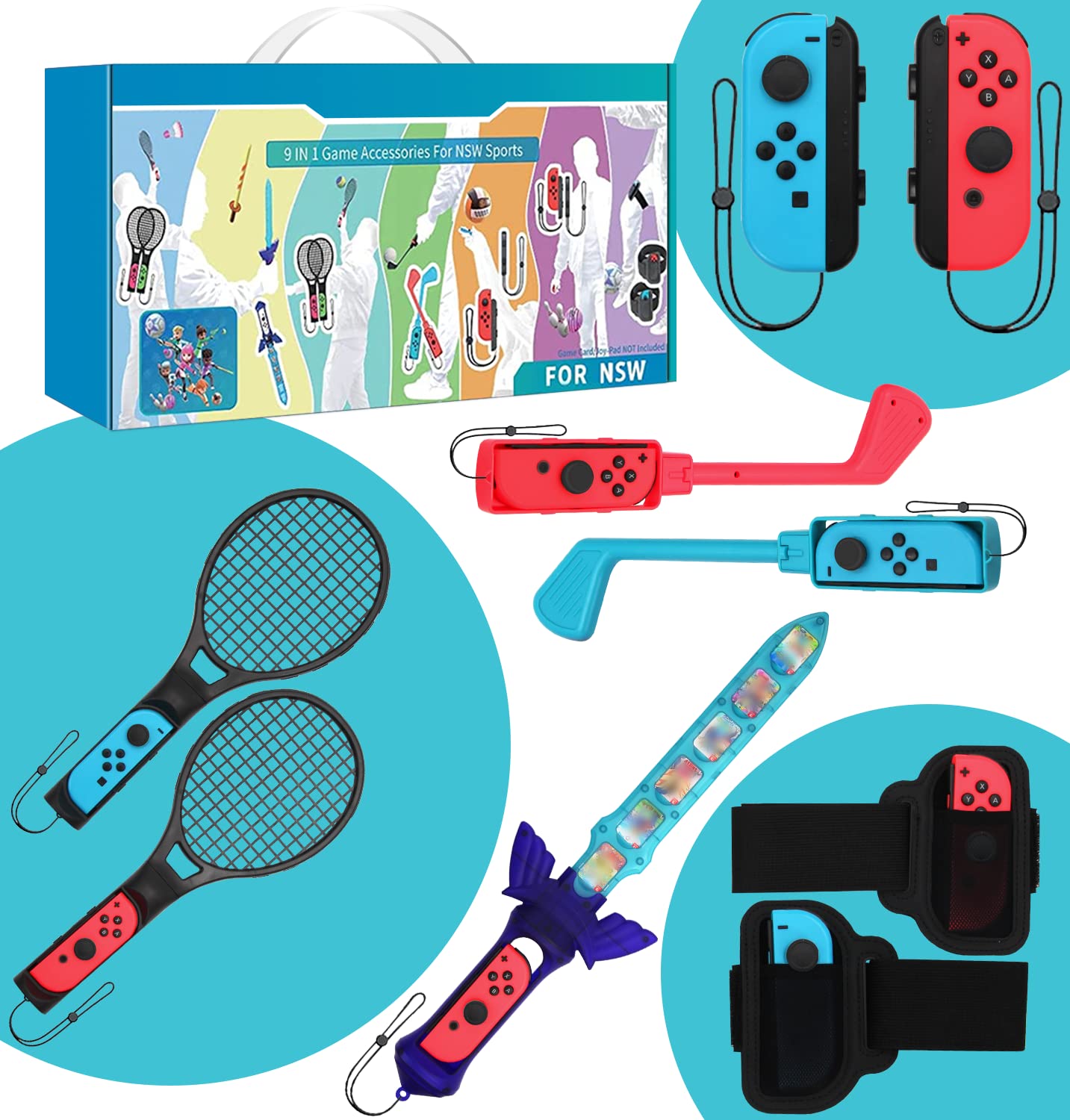 WATAHEL Switch Sports Accessory Pack 9 in 1 Home Accessory Kit Compatible with Nintendo Switch & OLED Gaming, Joycon Grip for Mario Golf Super Rush, Wrist and Leg Straps, Comfort Grip Case and More