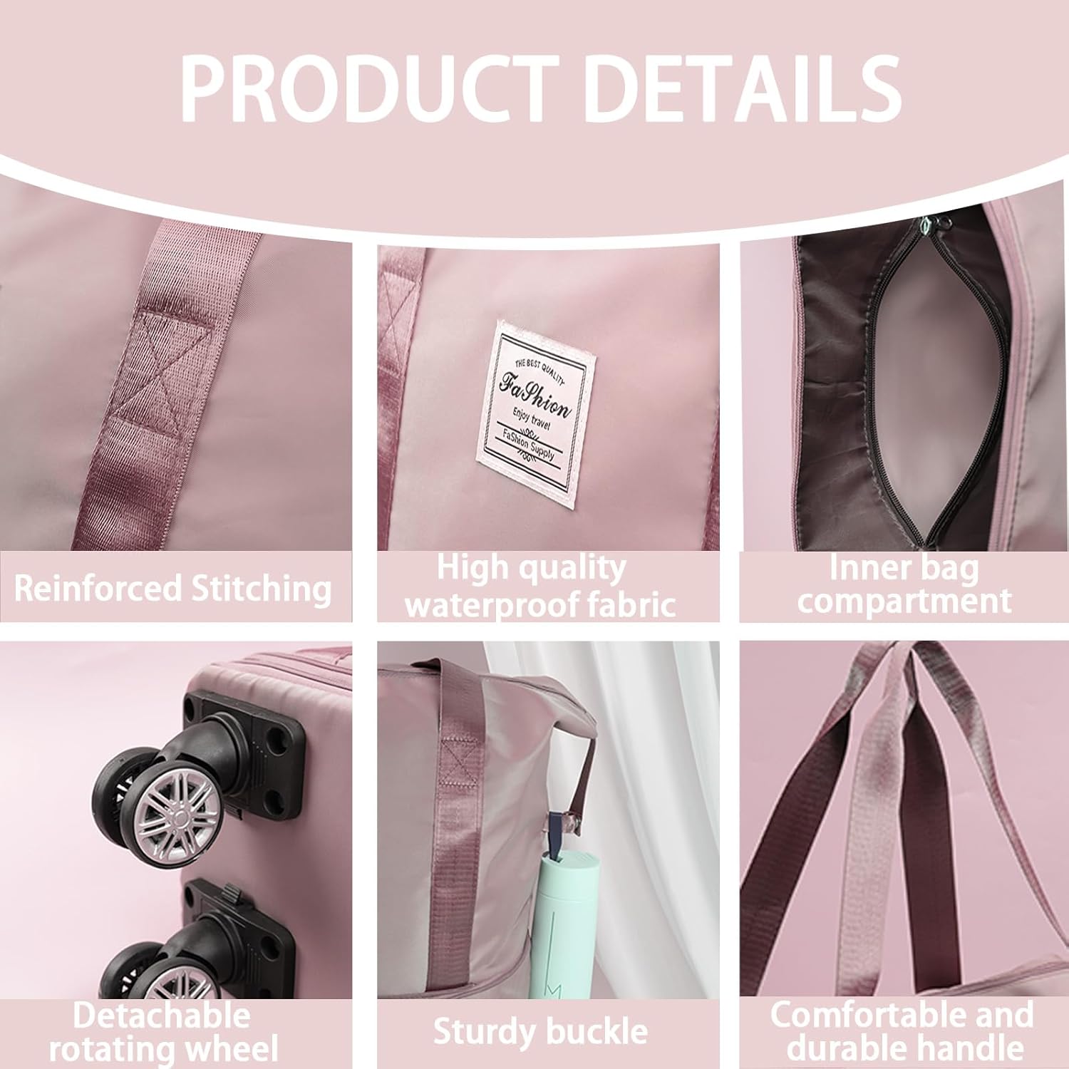 Large Foldable Duffle Bag with Wheels and Handle, Rolling Travel Duffle Bag Water Resistant Luggage, Lightweight Travel Suitcase, Multiple Interior and Exterior Pockets, Pink, 1 Pack - Image 6