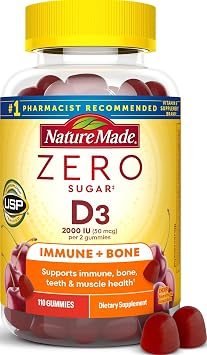 Nature Made Zero Sugar Vitamin D3 Gummies, 110 Vitamin D Gummies | Vitamin D3 2000 IU 50 mcg per Serving, for Bone and Immune Health Support, Aspartame Free, Cherry Flavor, 55 Day Supply