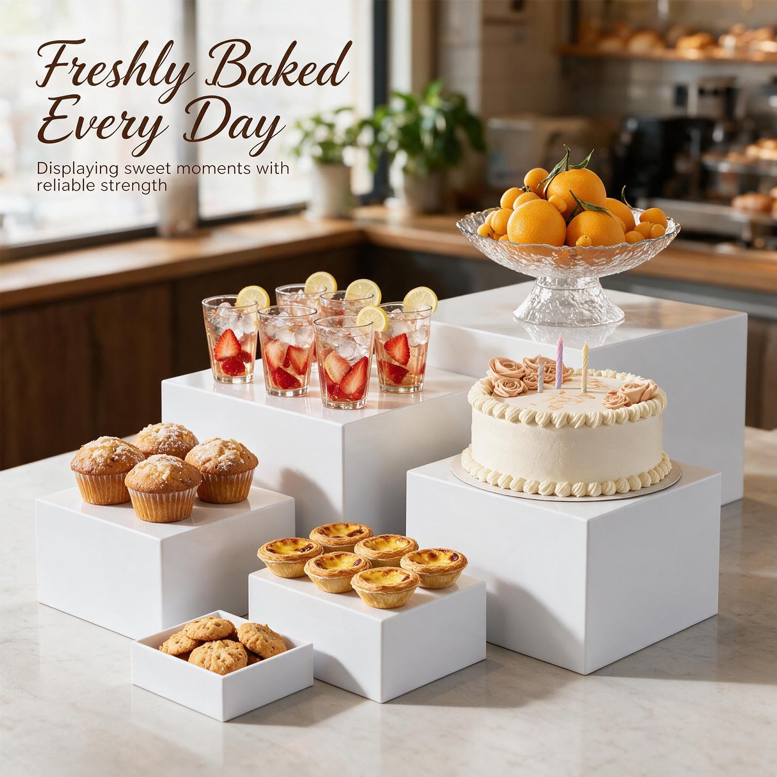 Lot de 6 présentoirs de buffet en acrylique avec étagères creuses, présentoirs alimentaires, cubes en acrylique pour desserts, bijoux, présentoir à cubes avec fond creux (blanc)