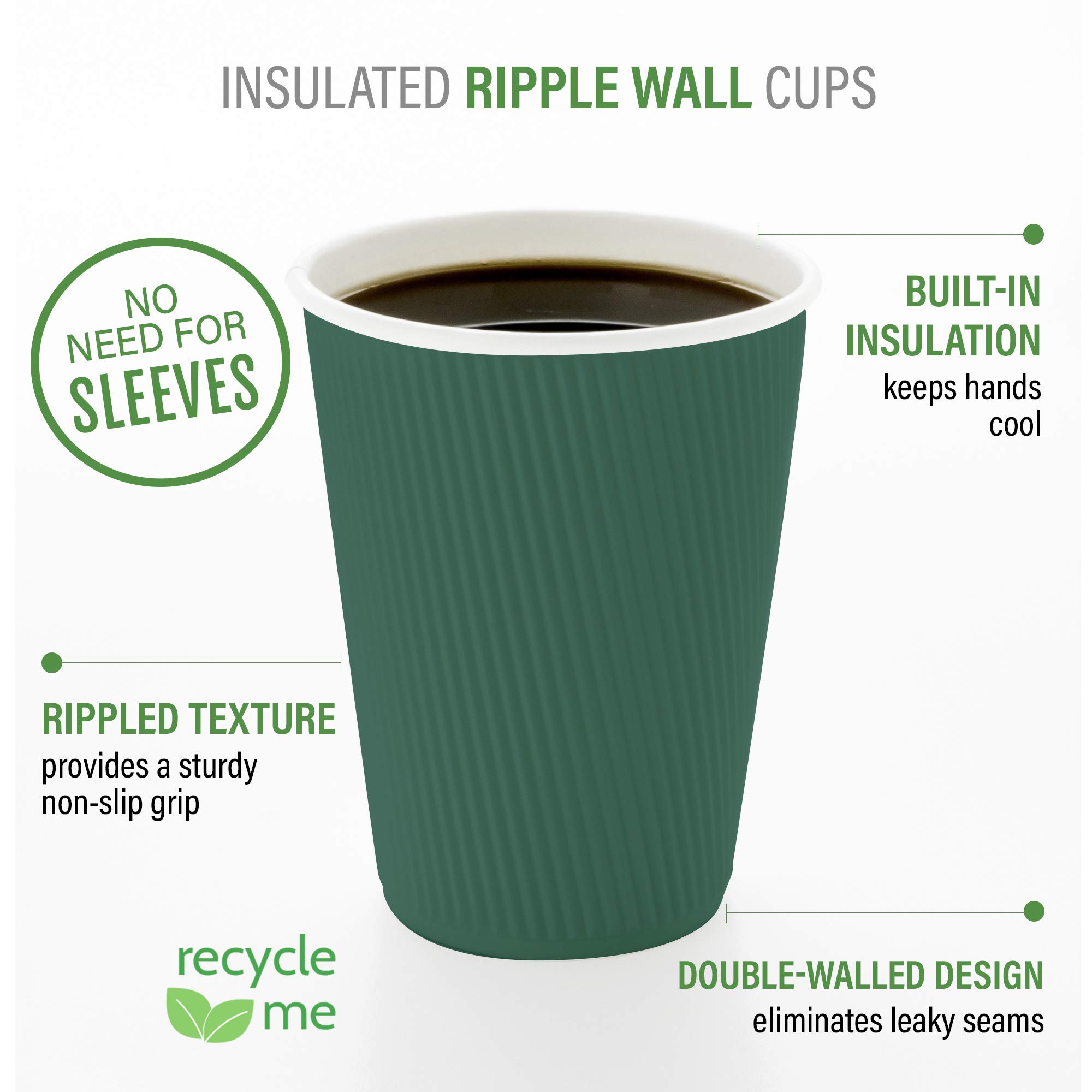 Restaurantware 4 Ounce Ripple Insulated Coffee Cups 500 Double Wall Corrugated Coffee Cups - Leakproof Non-Slip Forest Green Paper Ribbed Coffee Cups Recyclable Matching Lids Sold Separately