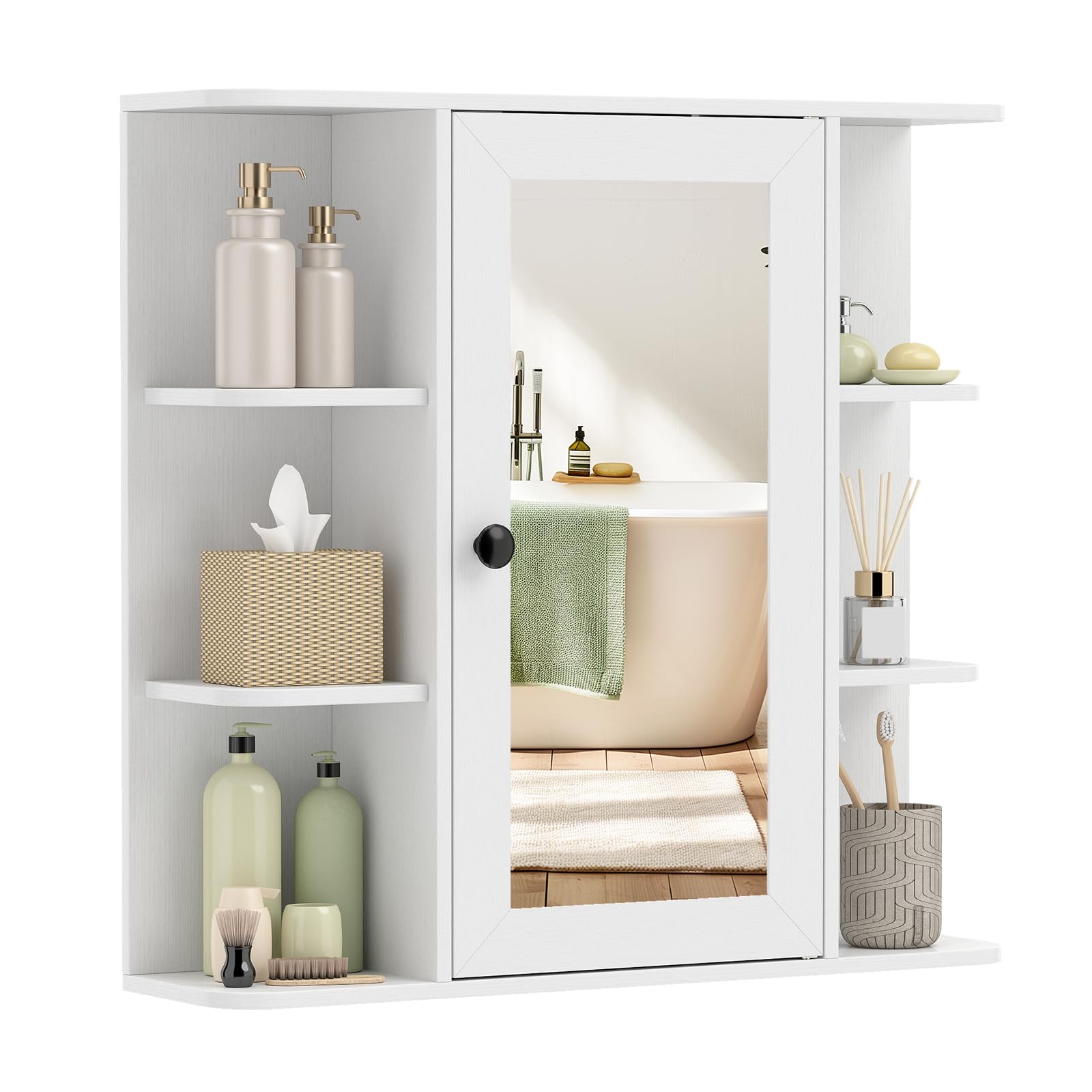 COSTWAY Bathroom Mirror Cabinet, Single Door Wall Mounted Storage Cupboard with Fixed/Adjustable Shelves, Home Office Living Room Display Organiser Unit (White, 66 x 16.5 x 63cm)