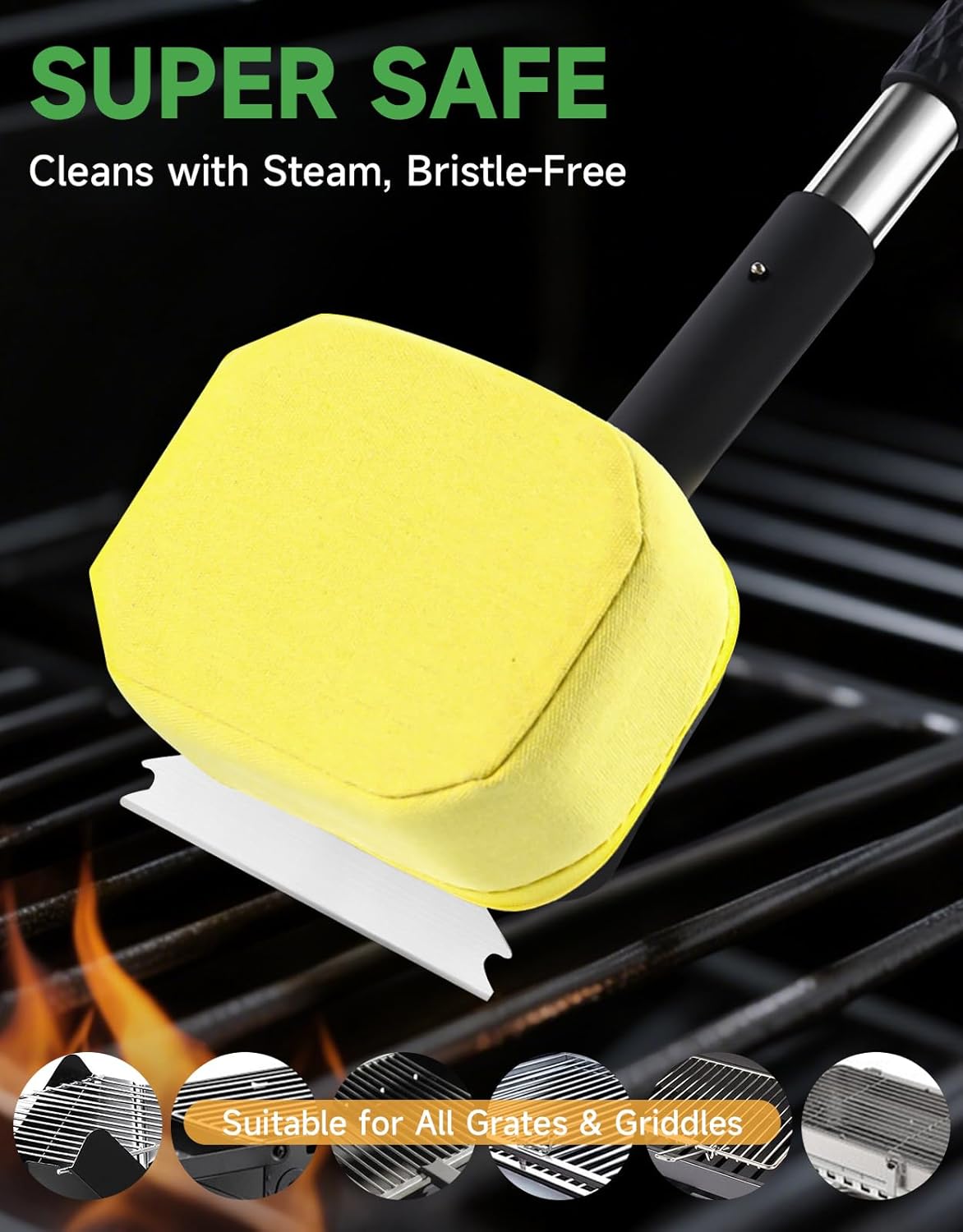 GEEKHOM Bristle Free Steam Grill Brush : Replaceable Head with Scraper for Cast Iron Stainless Grates, Safe Outdoor BBQ Cleaning Tools