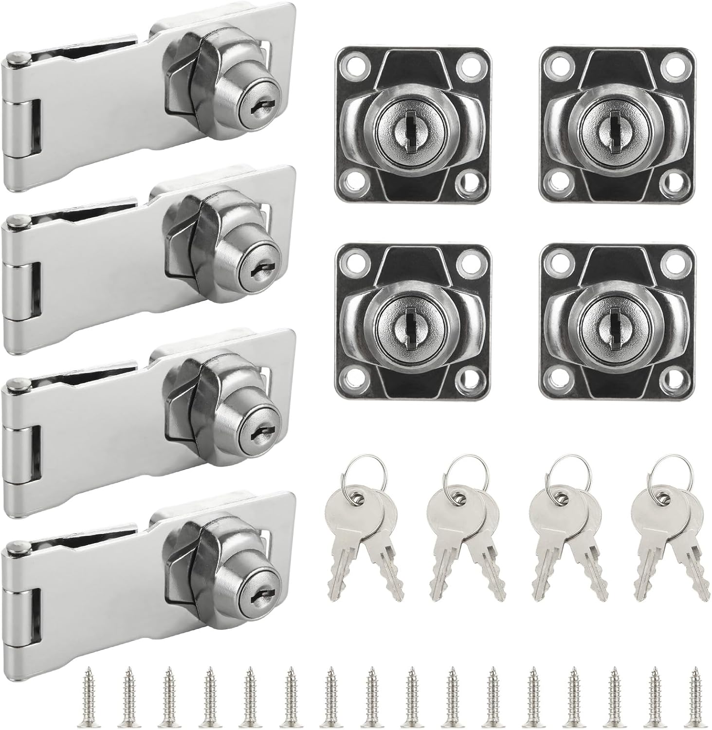 4 Pcs 4" Keyed Hasp Locks, Silver Cabinet Locks with Keys and Screws, Zinc Alloy with Twist Knob Hasp Latch Lock for Small Door, Cabinet