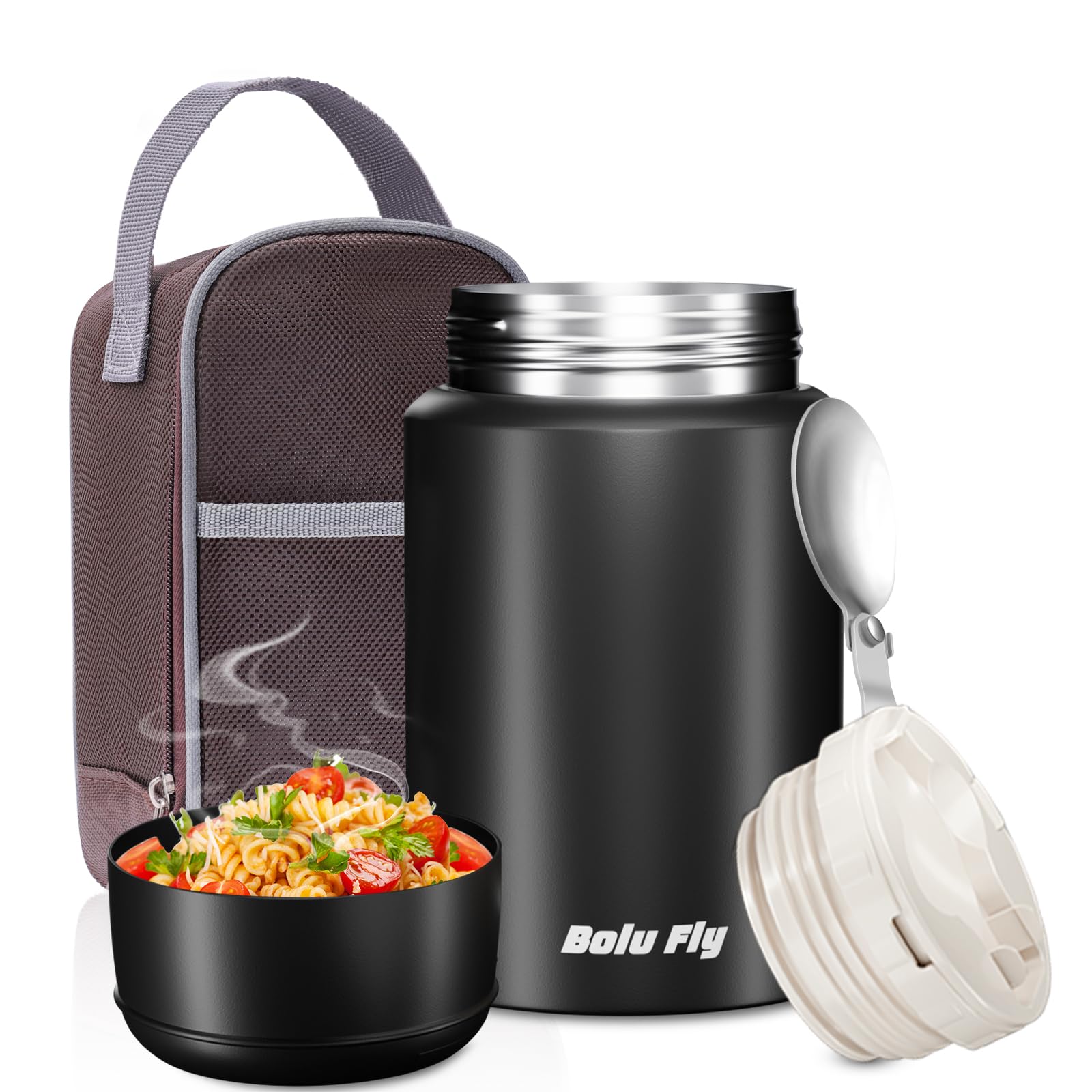 Termo de sopa para alimentos fríos y calientes para adultos, tarro de alimentos aislado, recipientes térmicos de acero inoxidable con bolsa de transporte y cuchara (18.5 onzas) (negro)