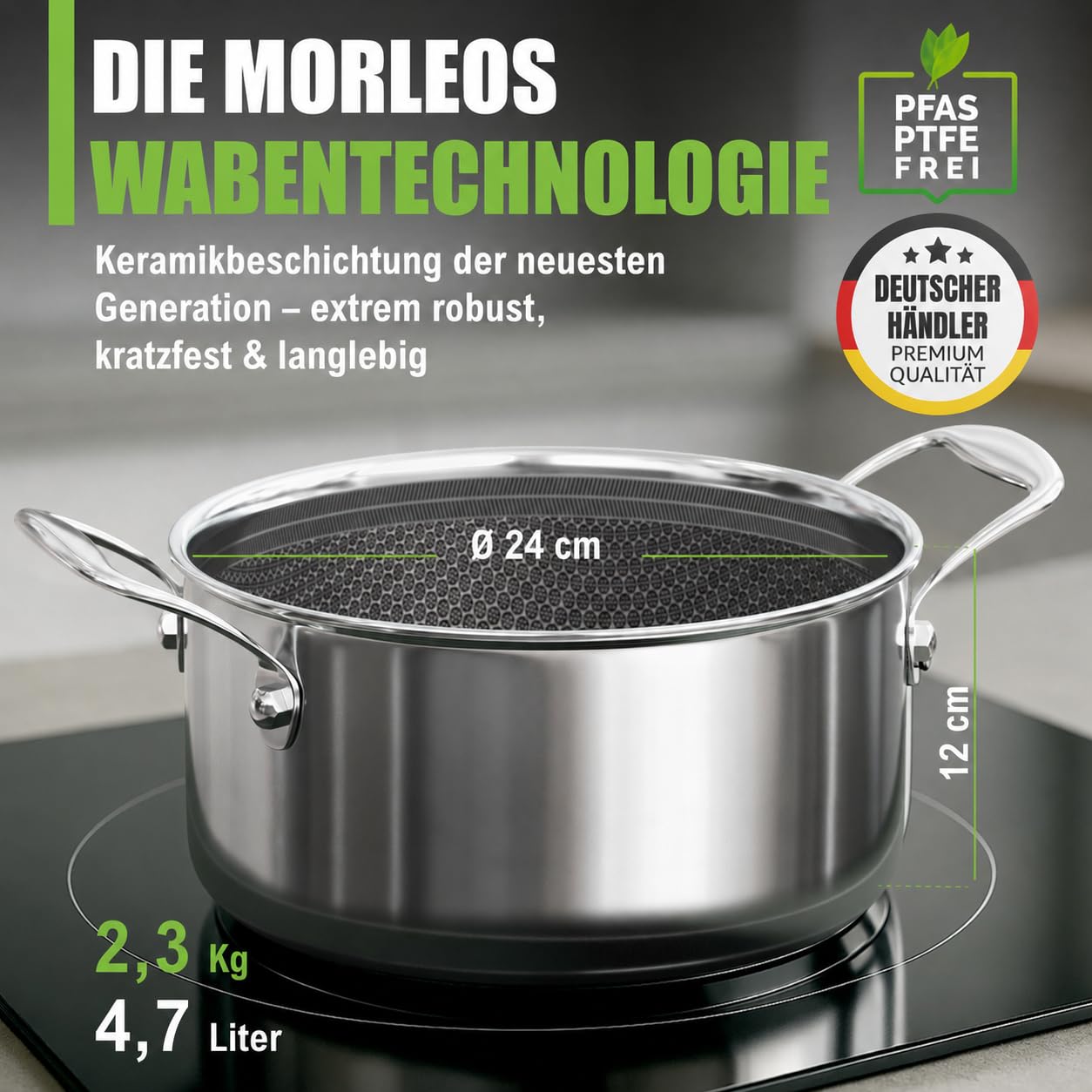 Schmortopf kratzfeste Antihaft-Waben-Keramikbeschichtung - 4,7 Liter, Ø 24×12 cm, 2,3 kg - modernen flachen Glasdeckel energiesparender 5-Schicht-Kochtopf - induktionsgeeignet