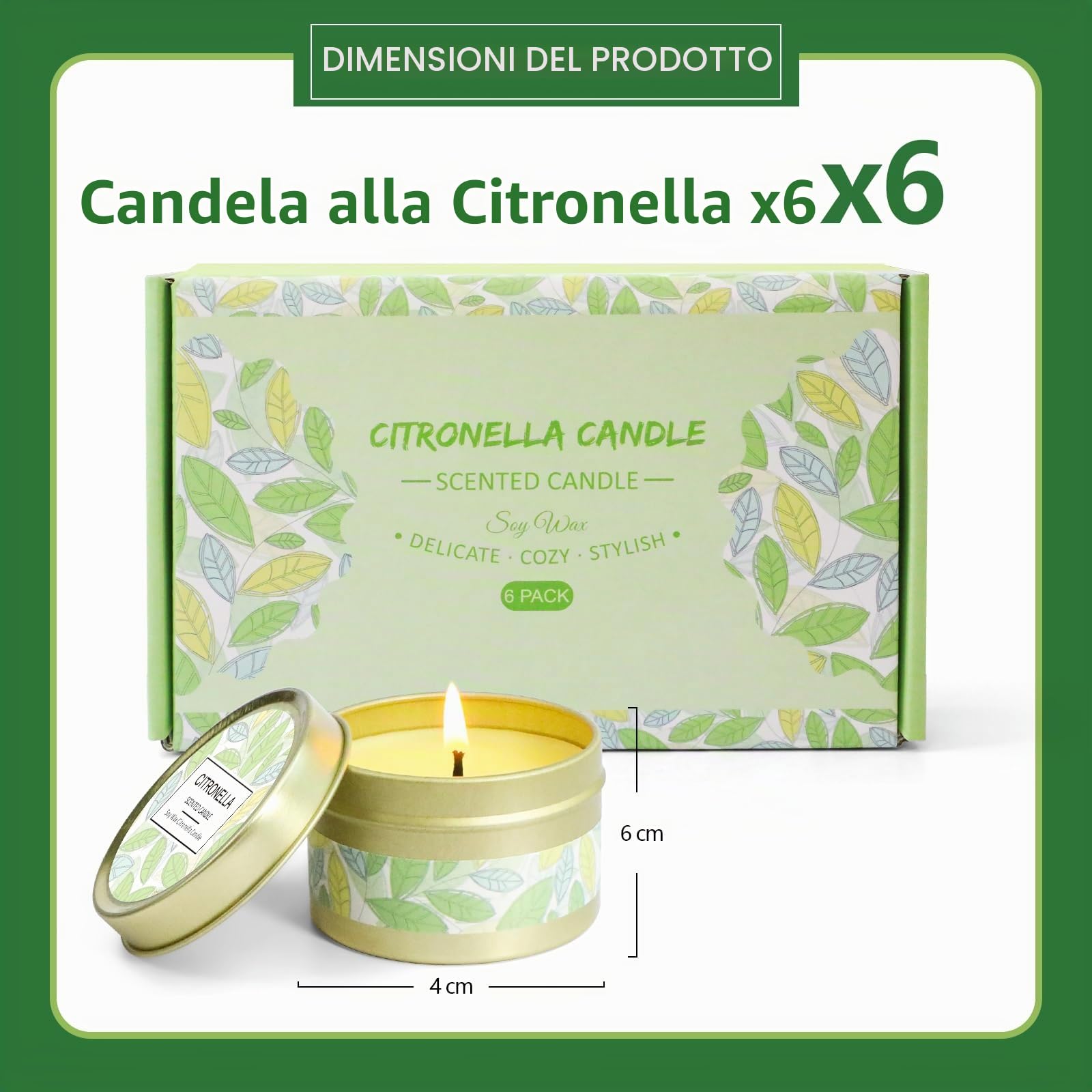 Candele alla Citronella, 100% Cera di Soia Naturale, Candela Citronella Set Esterno ed Interno per Giardino, Balcone, Campeggio, 6 Candele