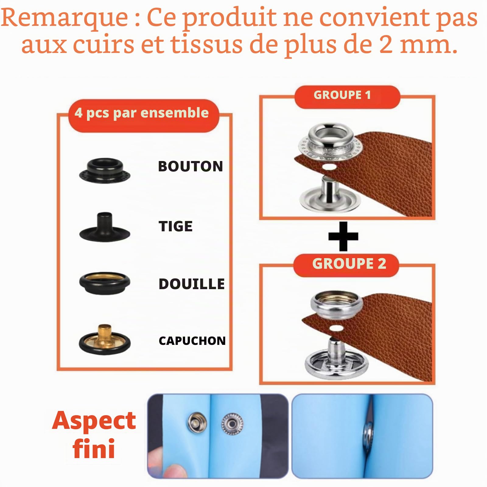 SUNAROC 15 mm Boutons Pressions Metalliques, Boutons Pression Marine Avec Outils Pince En Pour Cuir, Bricolage, Tissu, Vêtements, Sacs，100 Sets 4 Coloris