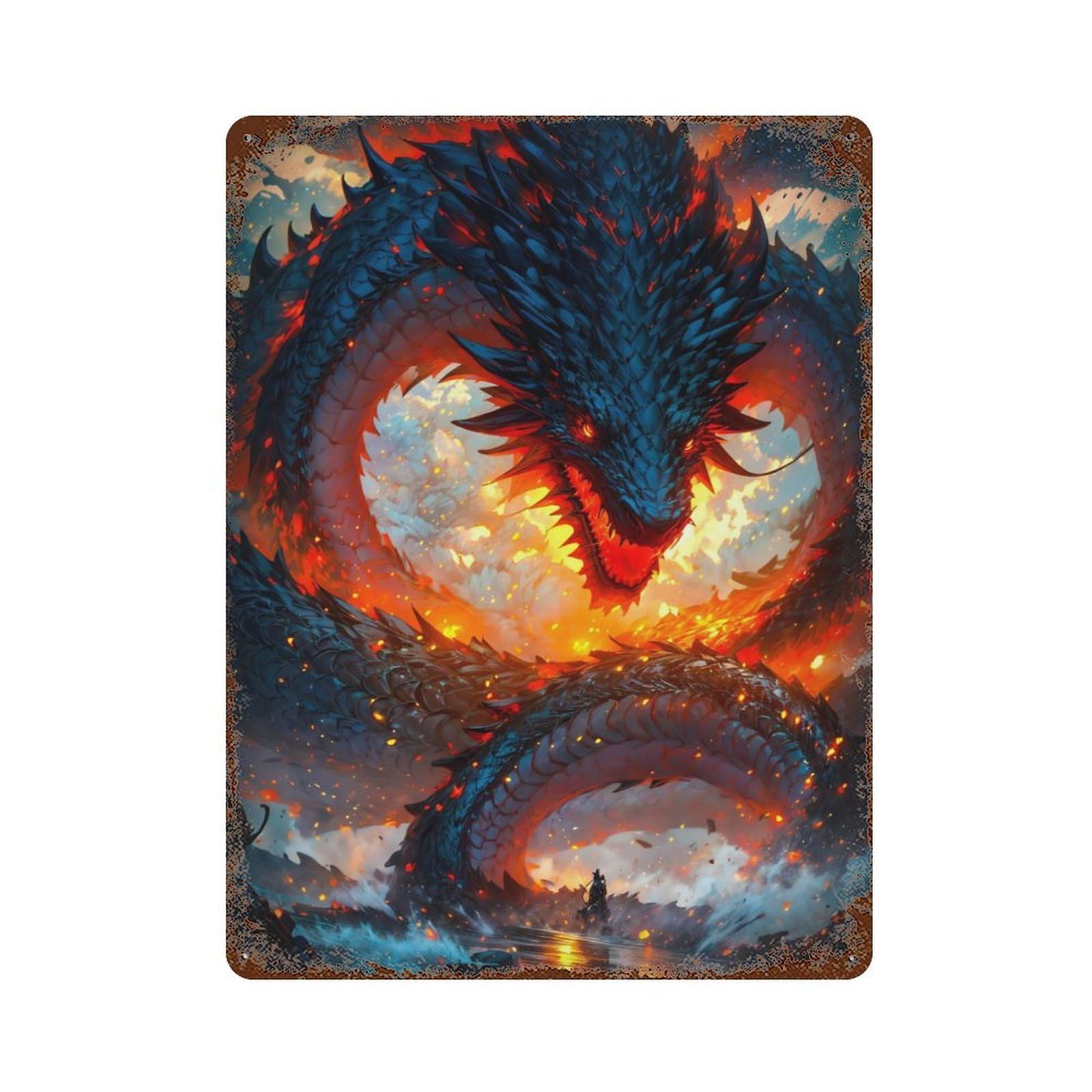Rust Effect Chinese Dragon Fantasy Distressed Metal Wall Sign 15.7"x11.8", Farmhouse Wall Decor for Office, Studio And Wall Decor