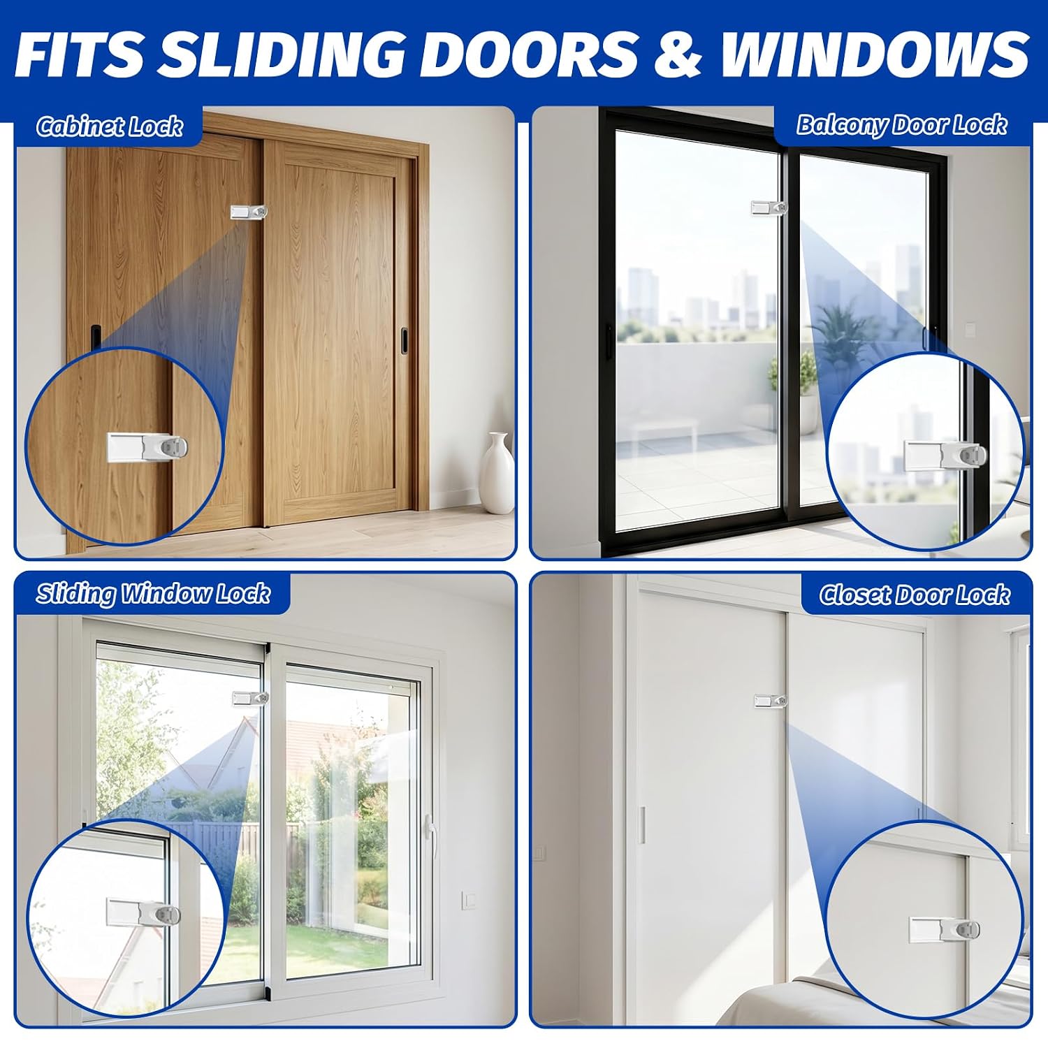 Sliding Door Lock 4 Pack – White Child Safety Sliding Glass Door Lock, No-Drill Adhesive Lock for Windows, Closets & Patio Doors, Baby Proof Stopper for Home Security