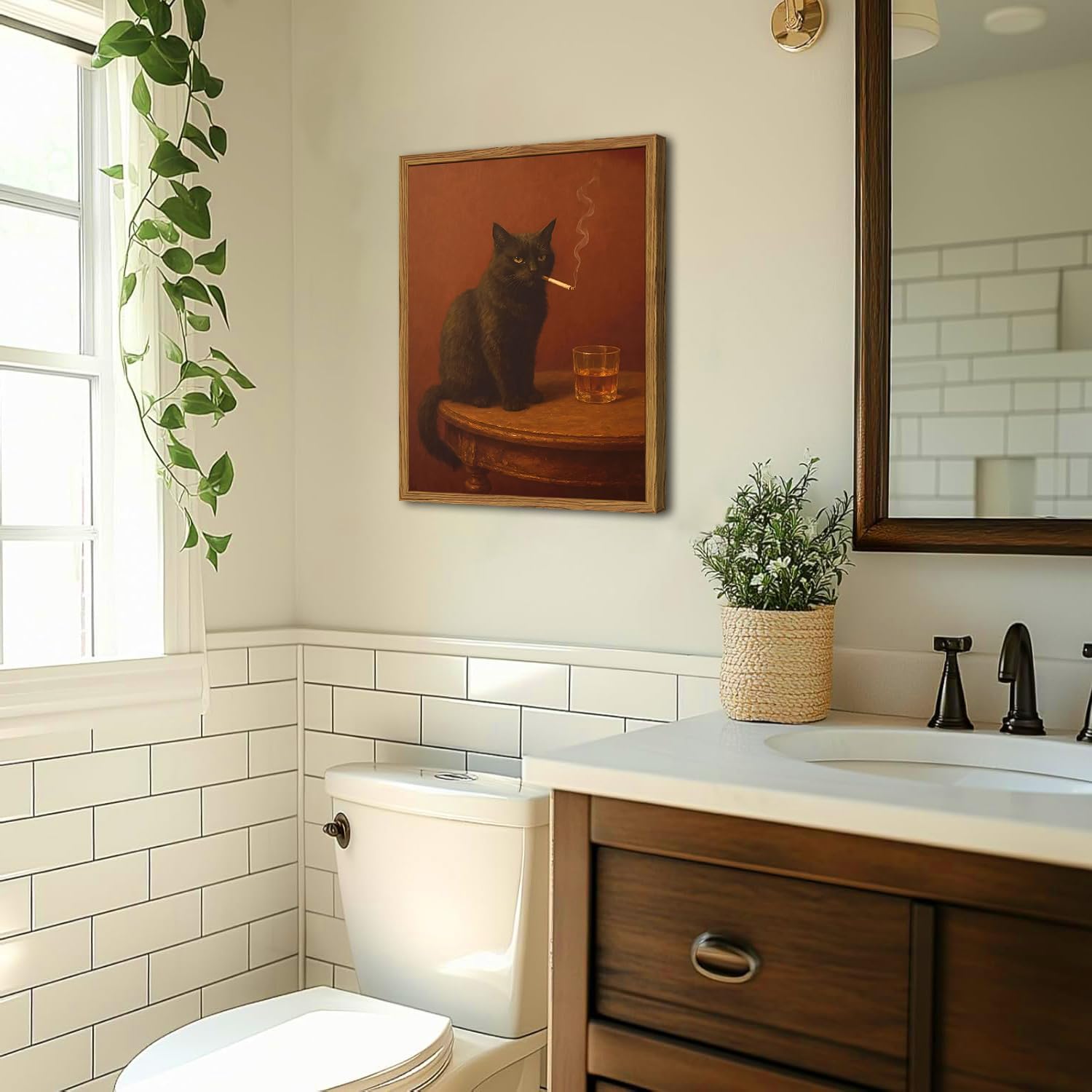 Framed Funny Black Cat Wall Art, Vintage Moody Cat Pictures Wall Decor, Humor Cool Animal Paintings Canvas Prints for Living Room Bedroom Bathroom Bar 16x24 inch