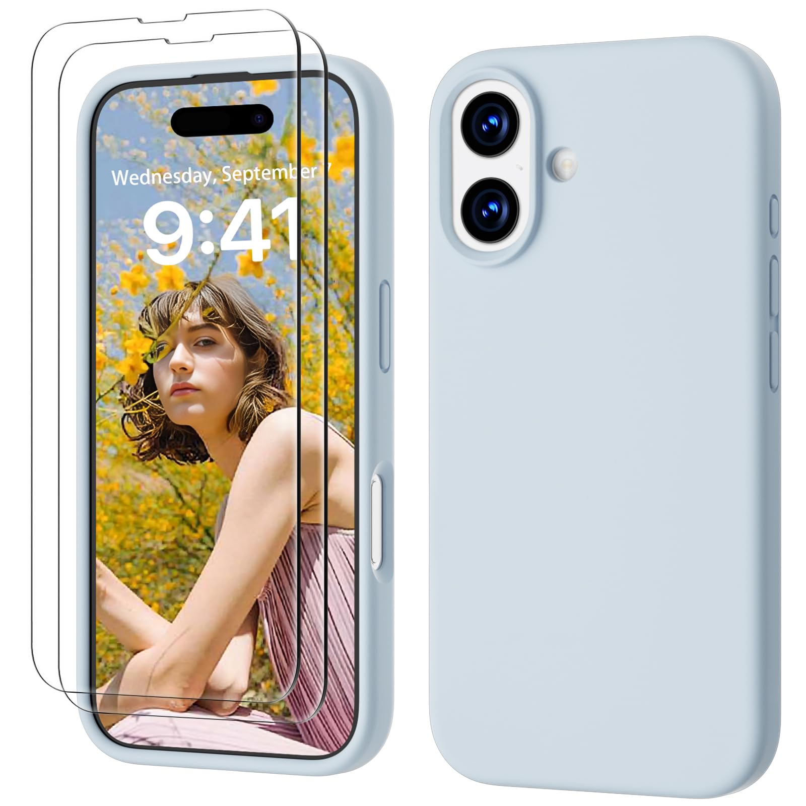 GOODVISH 3 in 1 Silicone Cover per iPhone 17 6.3", Custodia con 2 Pellicola Vetro Temperato [Protezione Fotocamera] 360° Protezione Anticaduta Case per Cellulare Antiurto Resistente, Cielo Blu