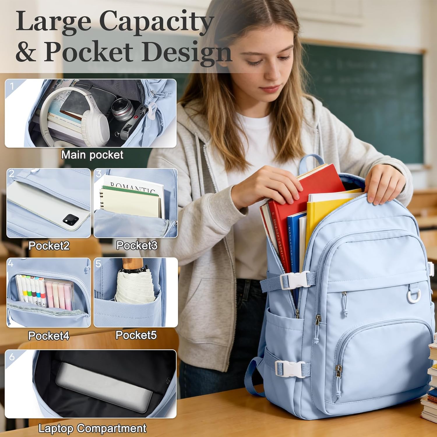 Lightweight College Backpack for Women Men Cute School Bag for Teens Girls Boys High School Backpack for Students Waterproof Casual Daypack Backpack(Milky Blue) - Image 3
