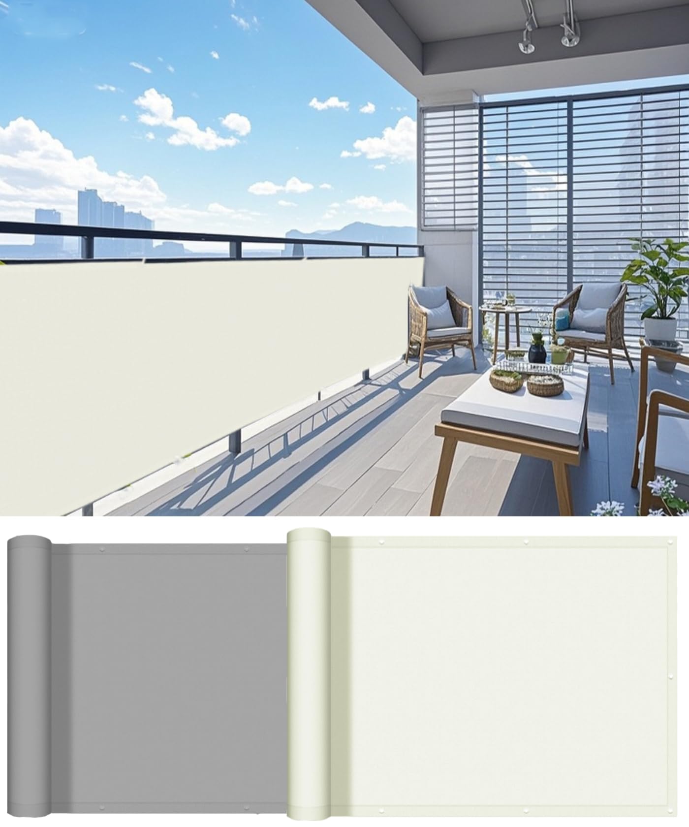FXOIIK Balcony Privacy Screen 90 x 700 cm, Polyester 95% Sun Shade UV Protection Blackout Tarpaulin Fence for Terrace, Patio, Garden, Yard and Railing, Cream White