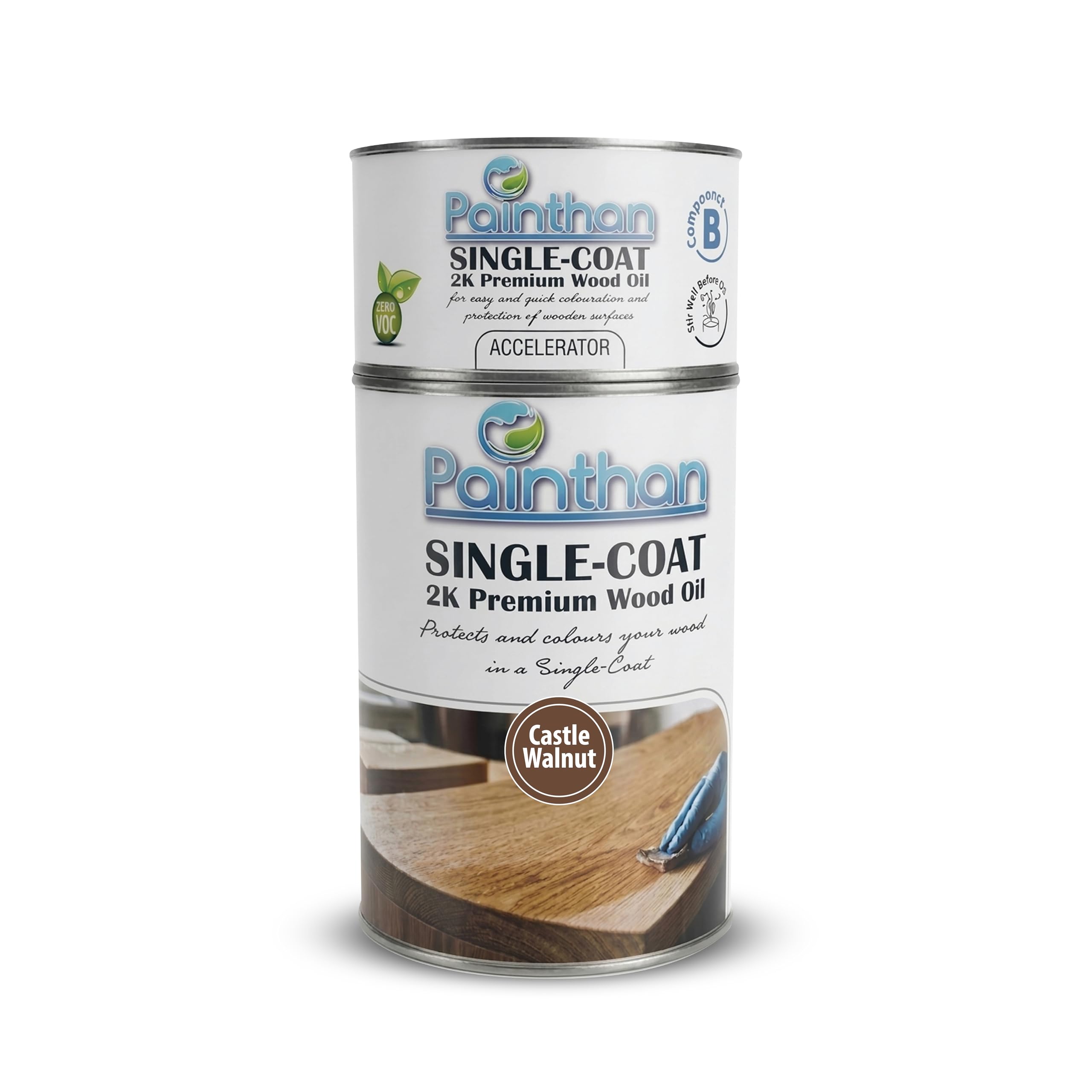 Single-Coat 2K Wood Oil with Accelerator – Zero VOC, Fast Drying, Interior Wood Oil for Furniture, Floors &amp; Wooden Surfaces – Castle Walnut – 1.3L Set