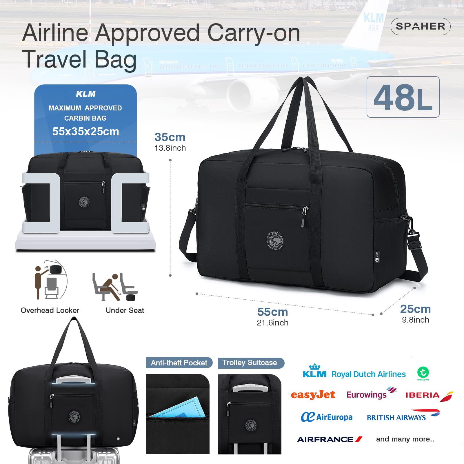 SPAHER Sac de Voyage Cabine Avion 55x35x25 Air France Bagage Cabine, Noir | 50L Grande Capacité, avec 2 Sacs de Toilette, Multipoche, Nylon Résistant à l'eau, pour Voyages Sport Week-ends