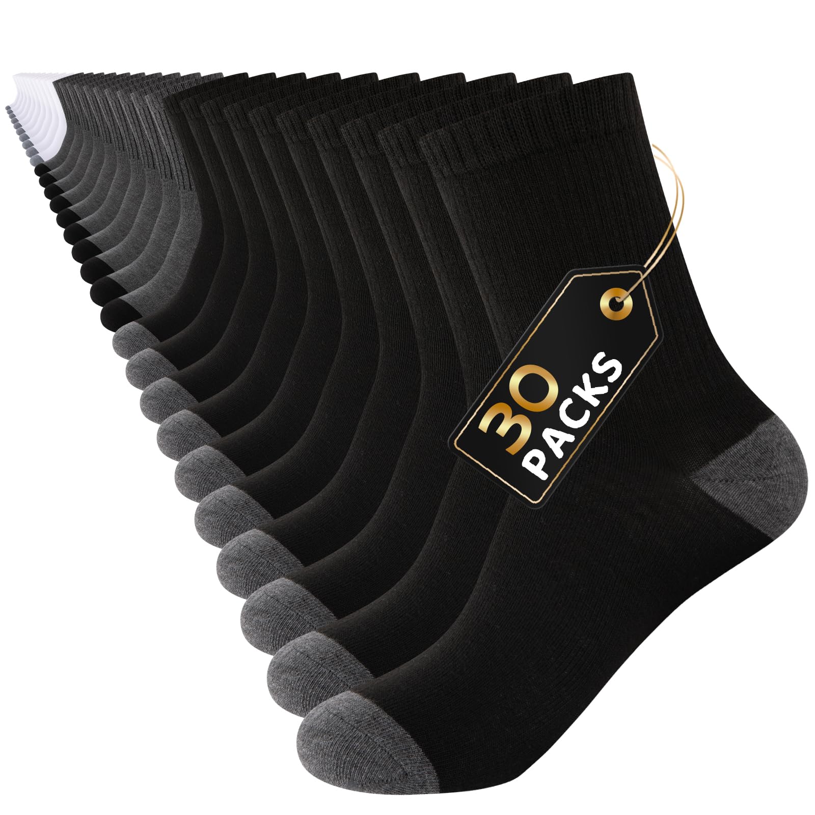 30 Pairs Men's Breathable Crew Socks – Soft Casual Comfort, Everyday Length Size 8-12/12-16, Bulk Pack