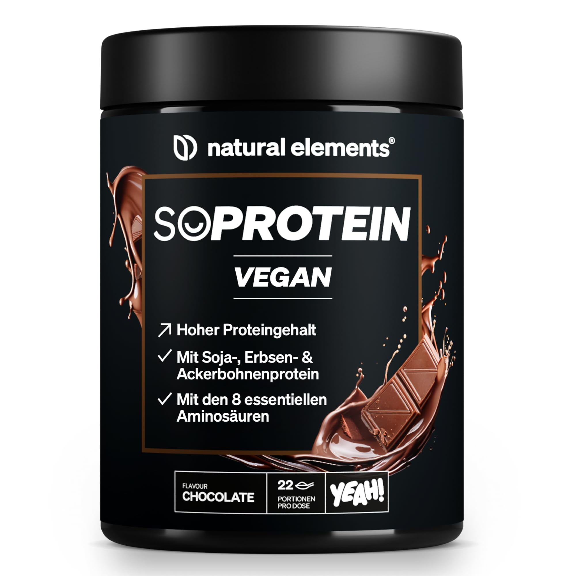 natural elements SoProtein Vegan Chocolate – veganes Proteinpulver – 660g – 21g Protein pro Portion – 22 Portionen – ideal zum Muskelaufbau, perfekte Löslichkeit – laborgeprüfte Qualität