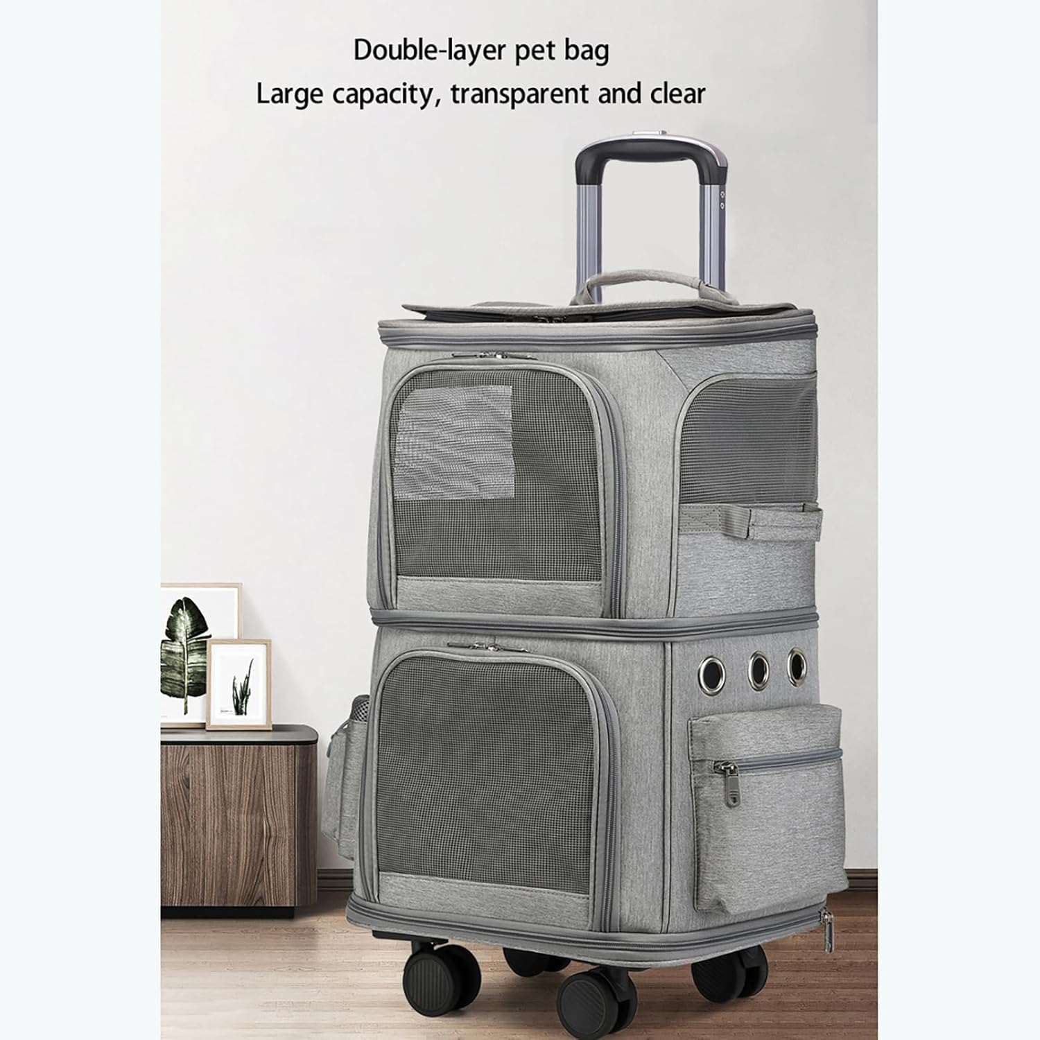 Extra Large Double Compartment Pet Backpack for 2 Cats, Large Capacity, Ventilated, with Removable Wheels and Telescopic Handle, Suitable for Small and Medium Dogs and Cats (Black)