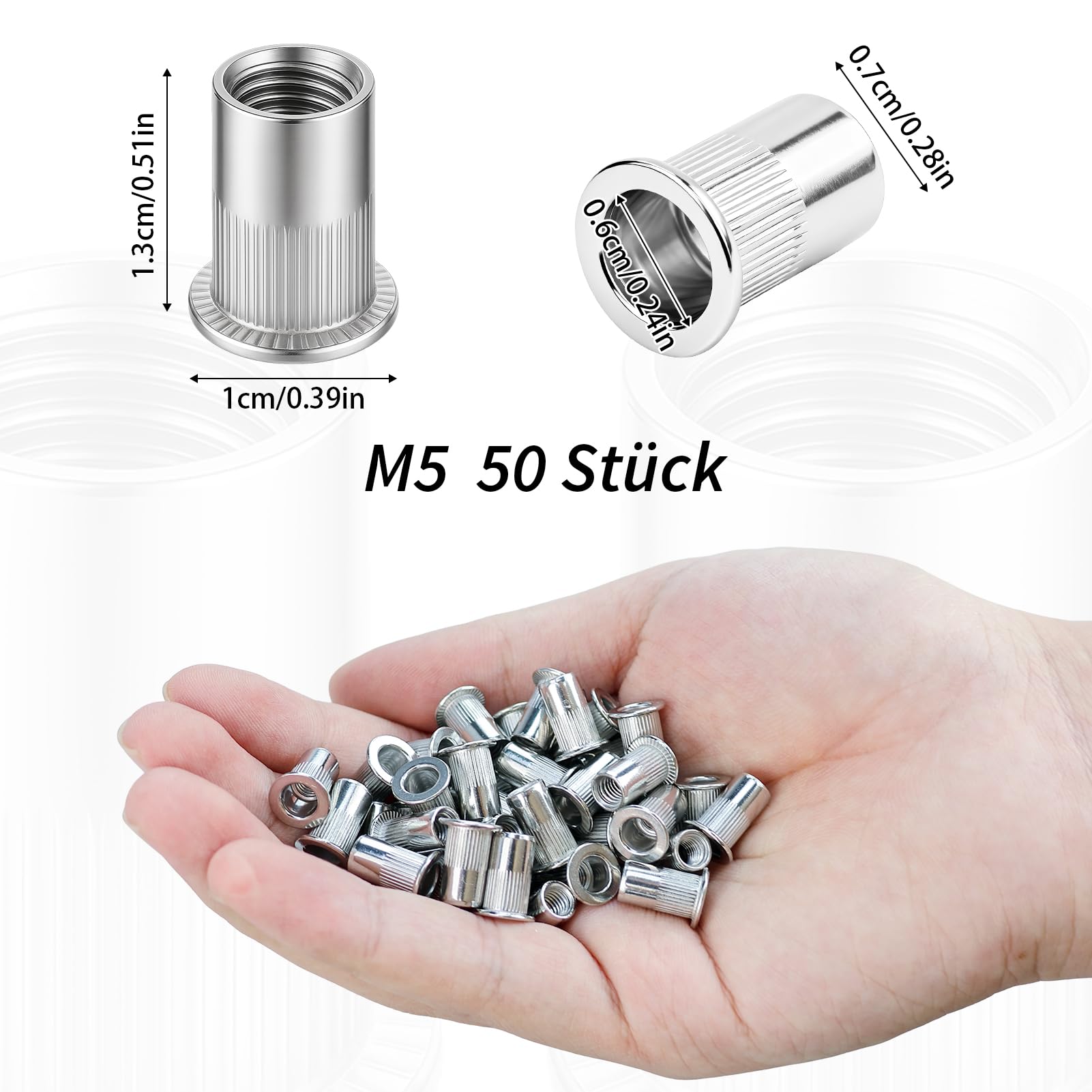 50 dadi per rivetti M5, A2 V2A, in acciaio inox, viti filettate a testa piatta, dadi monofilettati con filettatura, dadi rivetti in acciaio inox per lamiere, apparecchi elettrici e prodotti