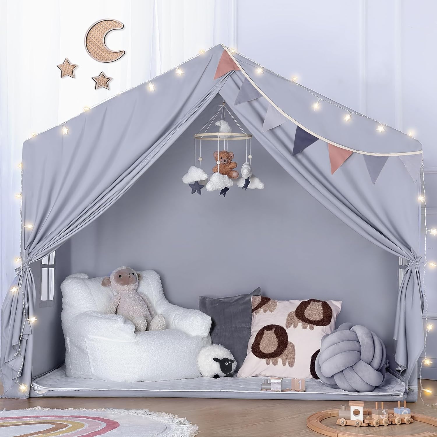 SISTICKER Kids Indoor Play Tent with Mat & Star Lights - Large Toddler Playhouse for Boys Girls, Bedroom Bed Tent Gift (Gray)